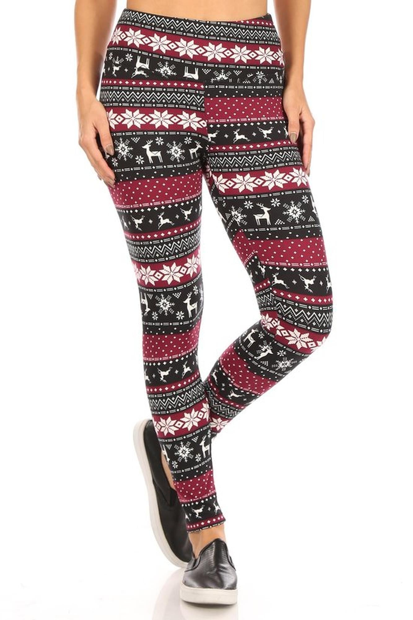 Soft Fleece Beautiful Burgundy Reindeer and Snowflake Leggings