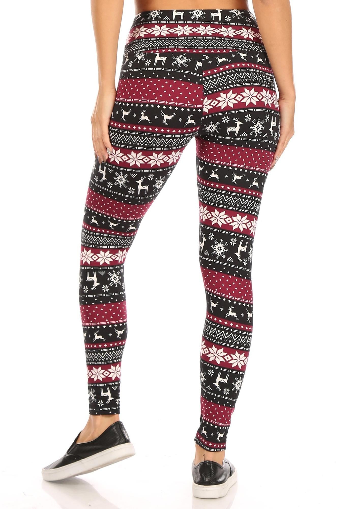 Soft Fleece Beautiful Burgundy Reindeer and Snowflake Leggings
