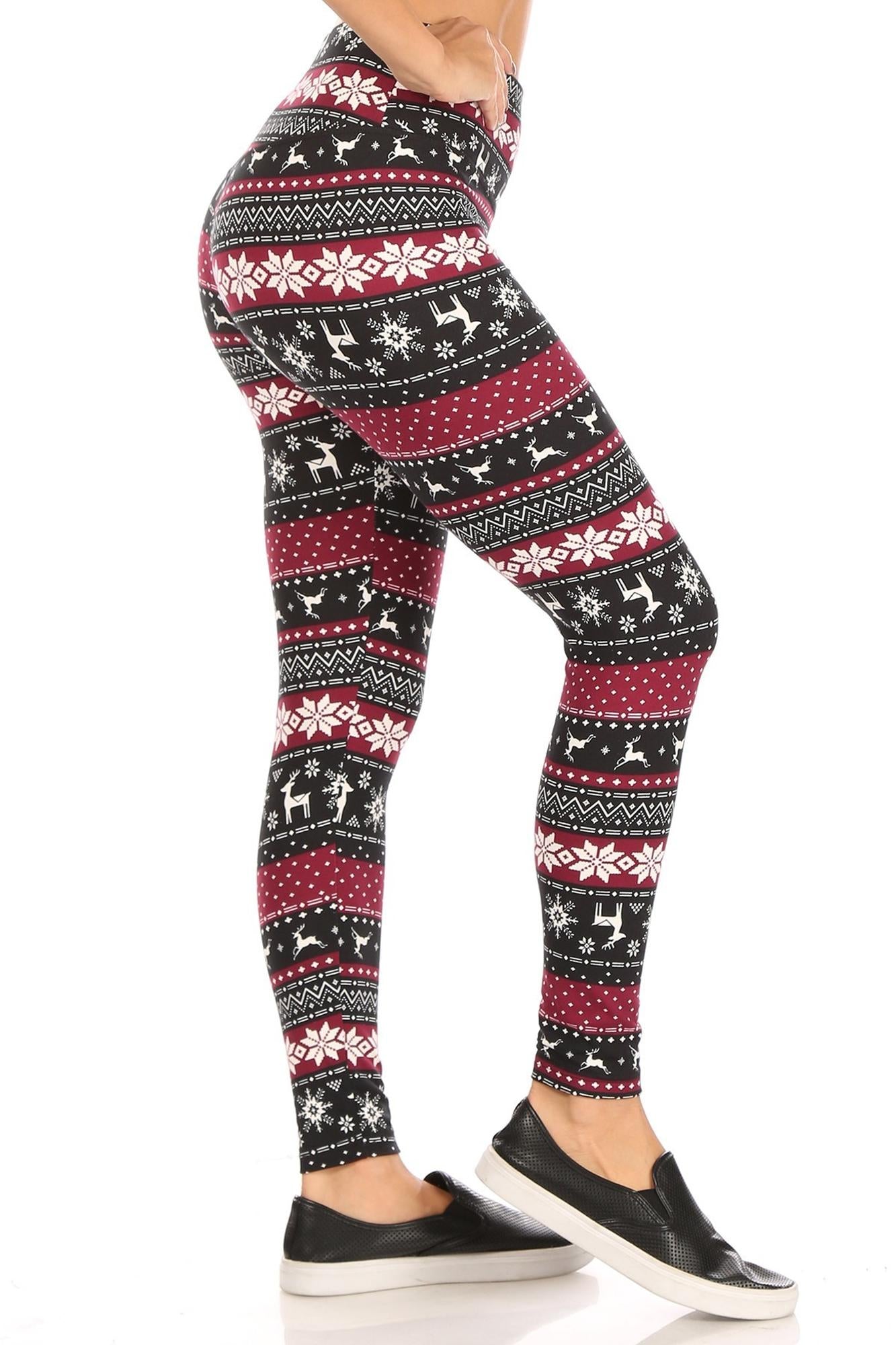 Soft Fleece Beautiful Burgundy Reindeer and Snowflake Leggings