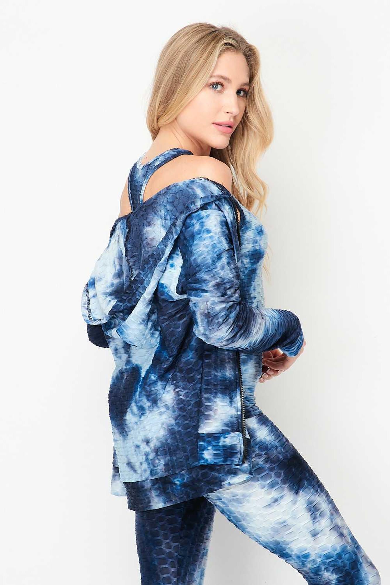 Tie Dye 3 Piece Textured Scrunch Butt Leggings Tank Top and Hoodie Jacket Set