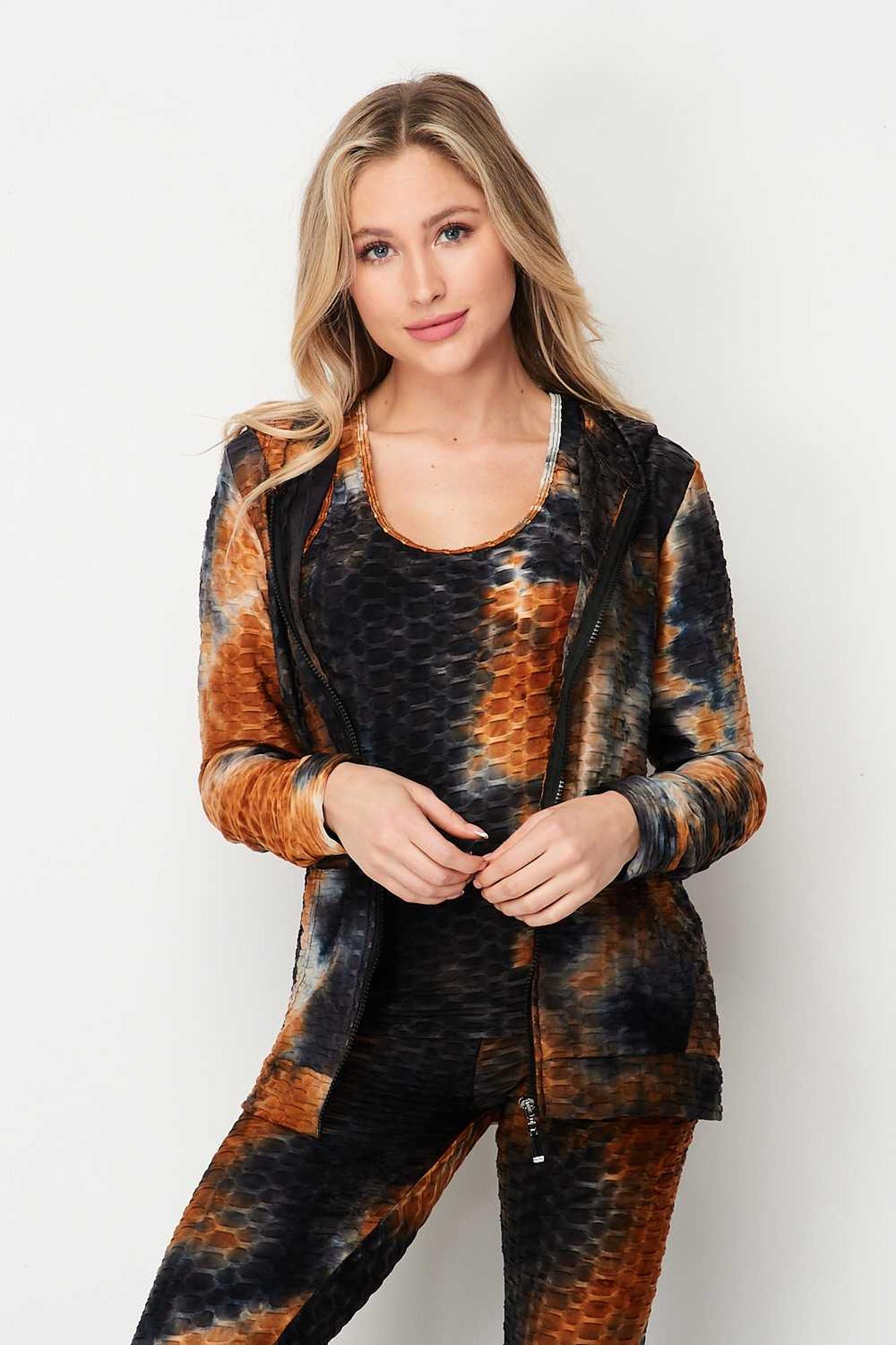 Tie Dye 3 Piece Textured Scrunch Butt Leggings Tank Top and Hoodie Jacket Set