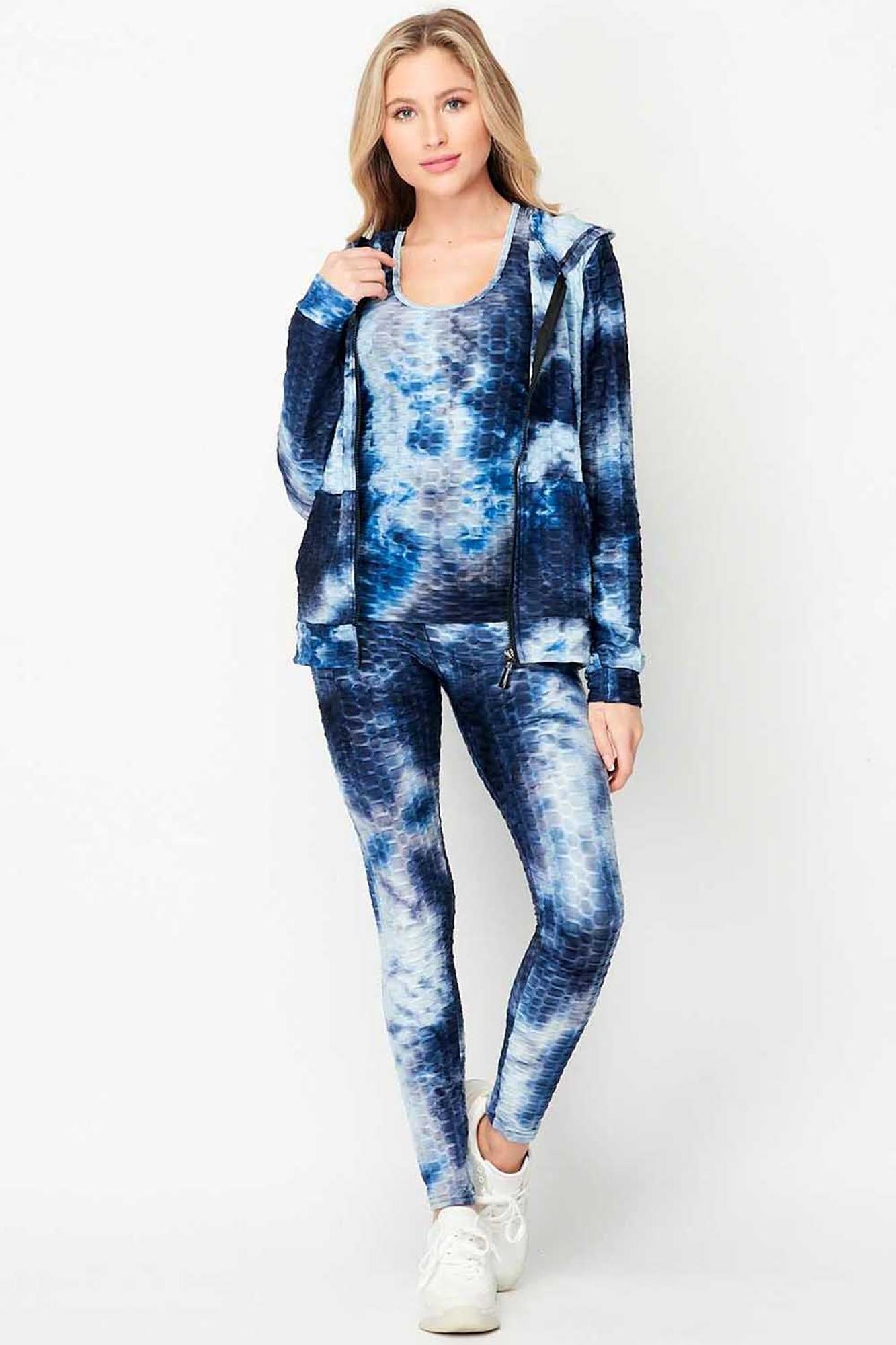 Tie Dye 3 Piece Textured Scrunch Butt Leggings Tank Top and Hoodie Jacket Set