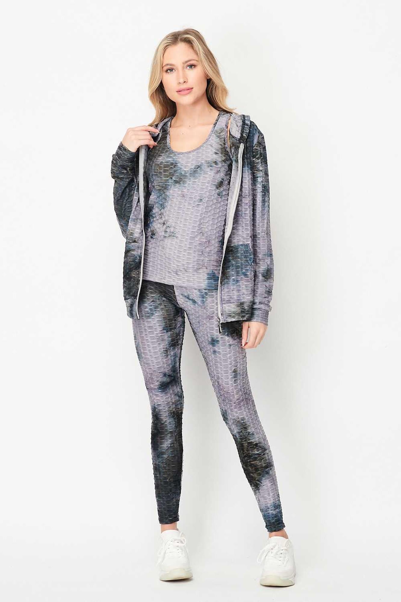 Tie Dye 3 Piece Textured Scrunch Butt Leggings Tank Top and Hoodie Jacket Set