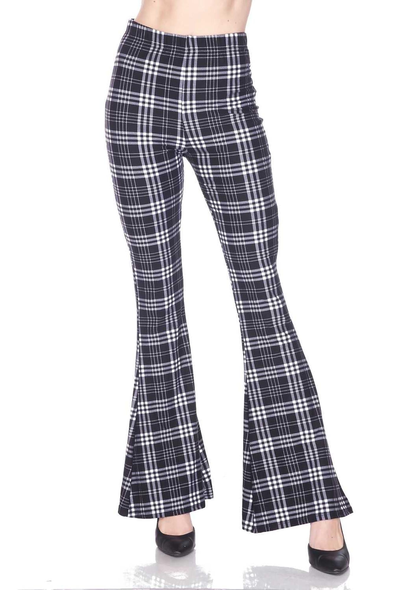 Buttery Smooth Traditional Black and White Plaid Bell Bottom Leggings