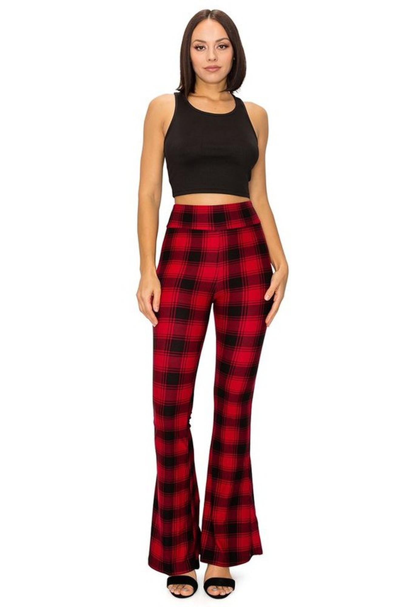 Buttery Smooth Red and Black Plaid Bell Bottom Leggings