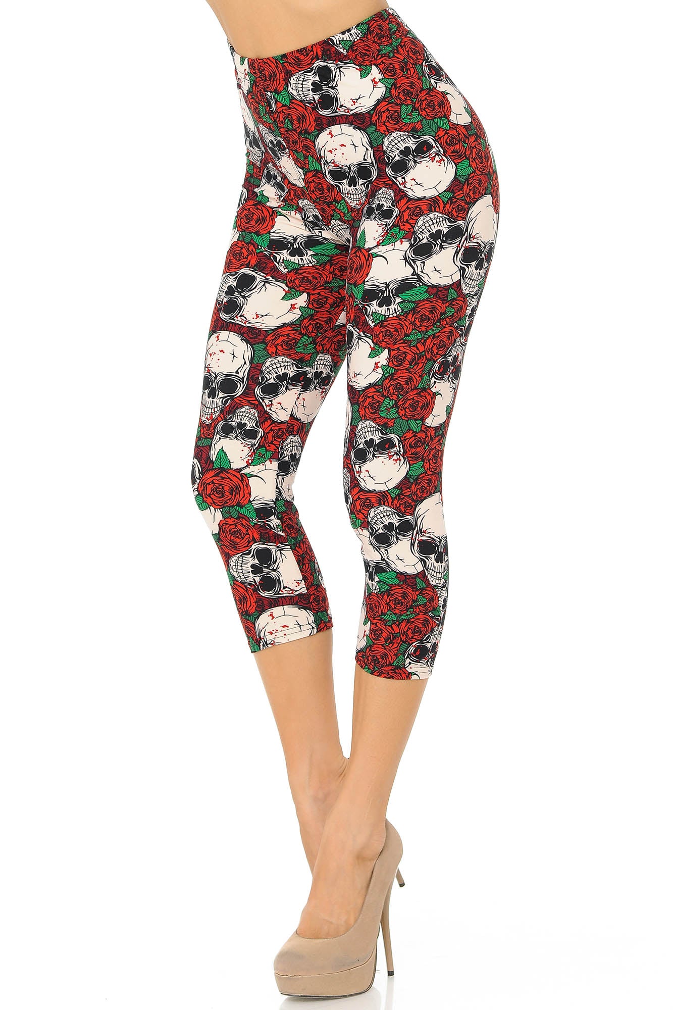 Buttery Soft Pink Petal Sugar Skull Capris (One Size Regular,Pink)