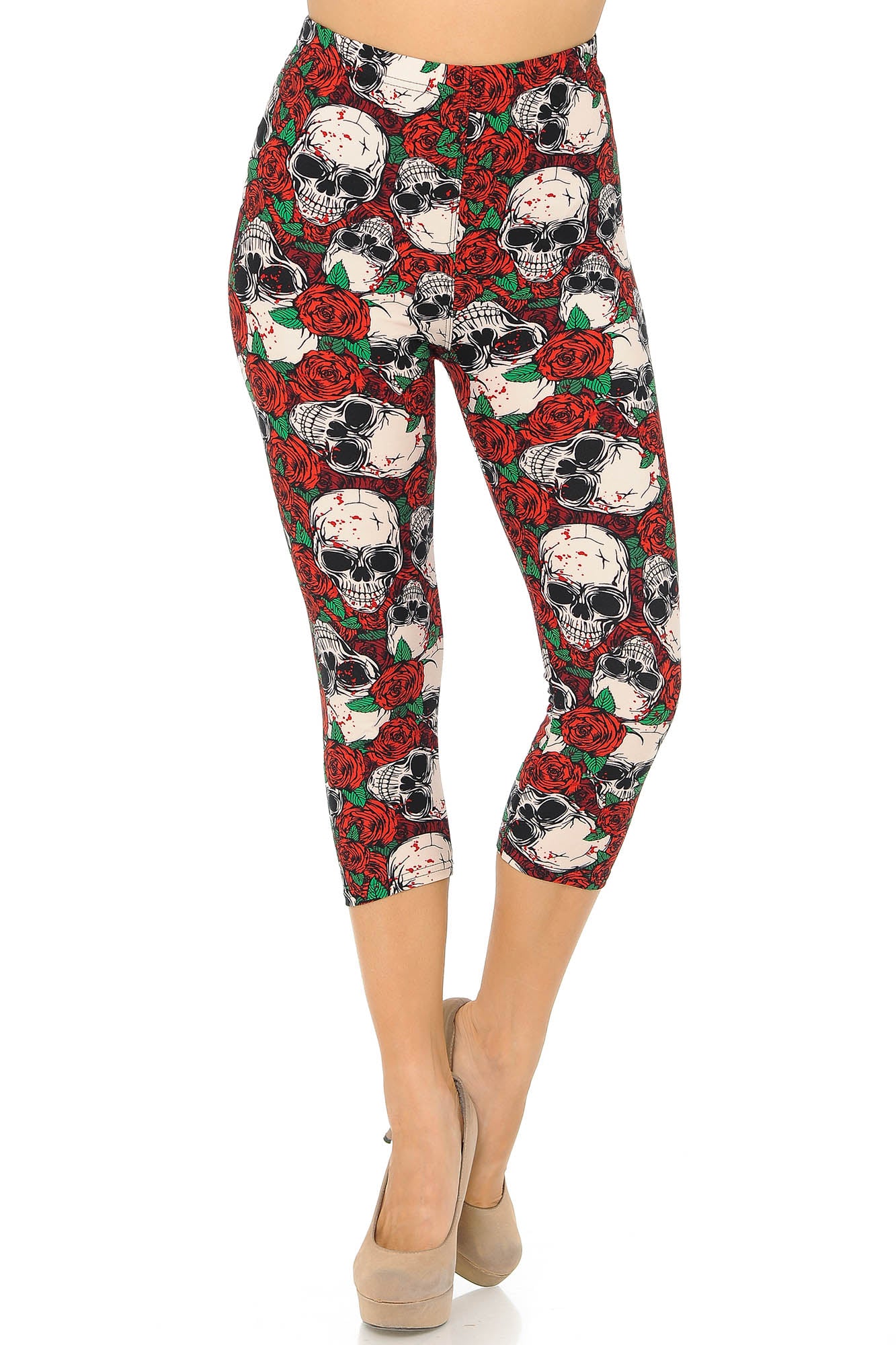 Buttery Soft Pink Petal Sugar Skull Capris (One Size Regular,Pink)