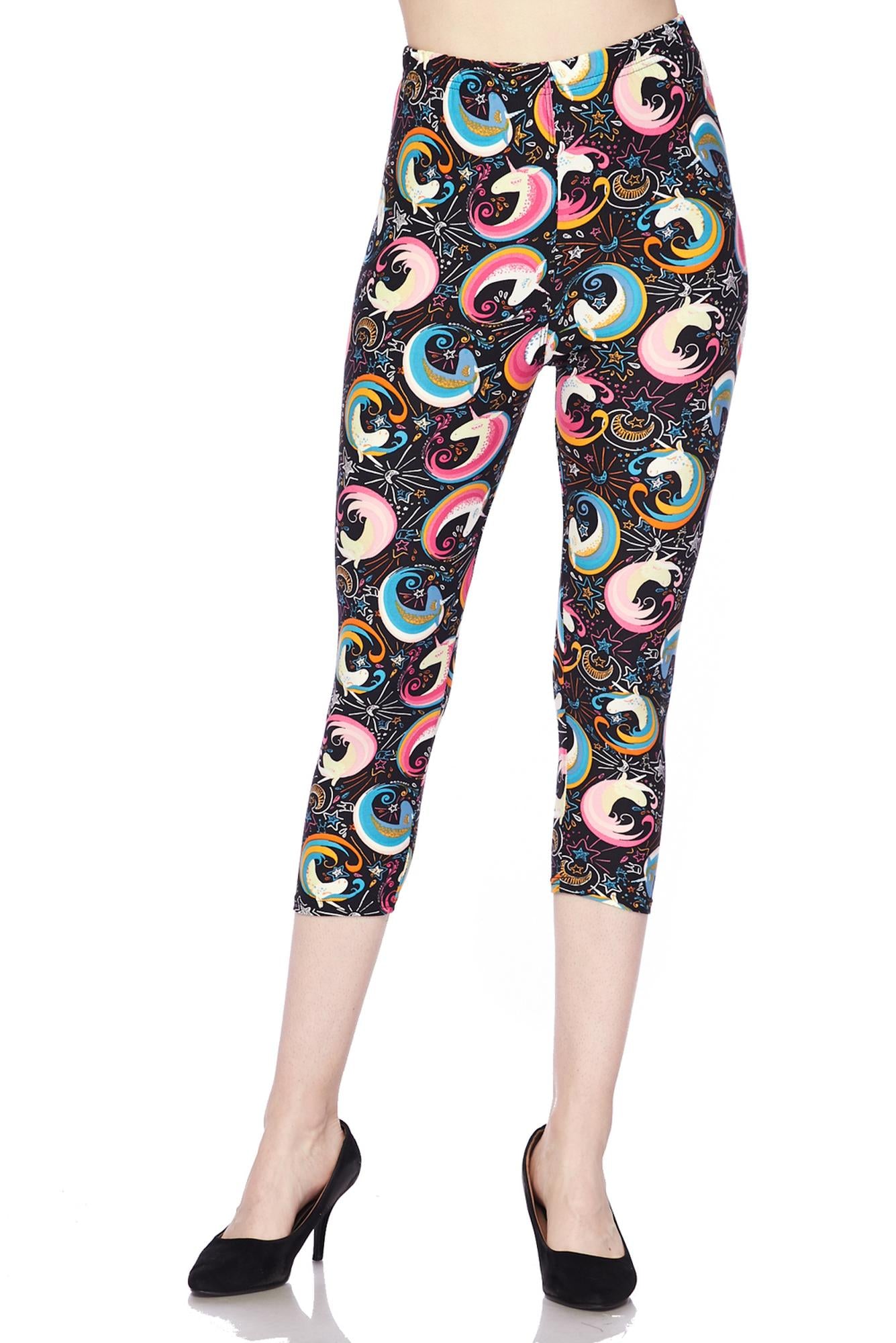 Buttery Soft Groovy Hip Unicorn Capris (One Size Regular,Multi Color Bold)