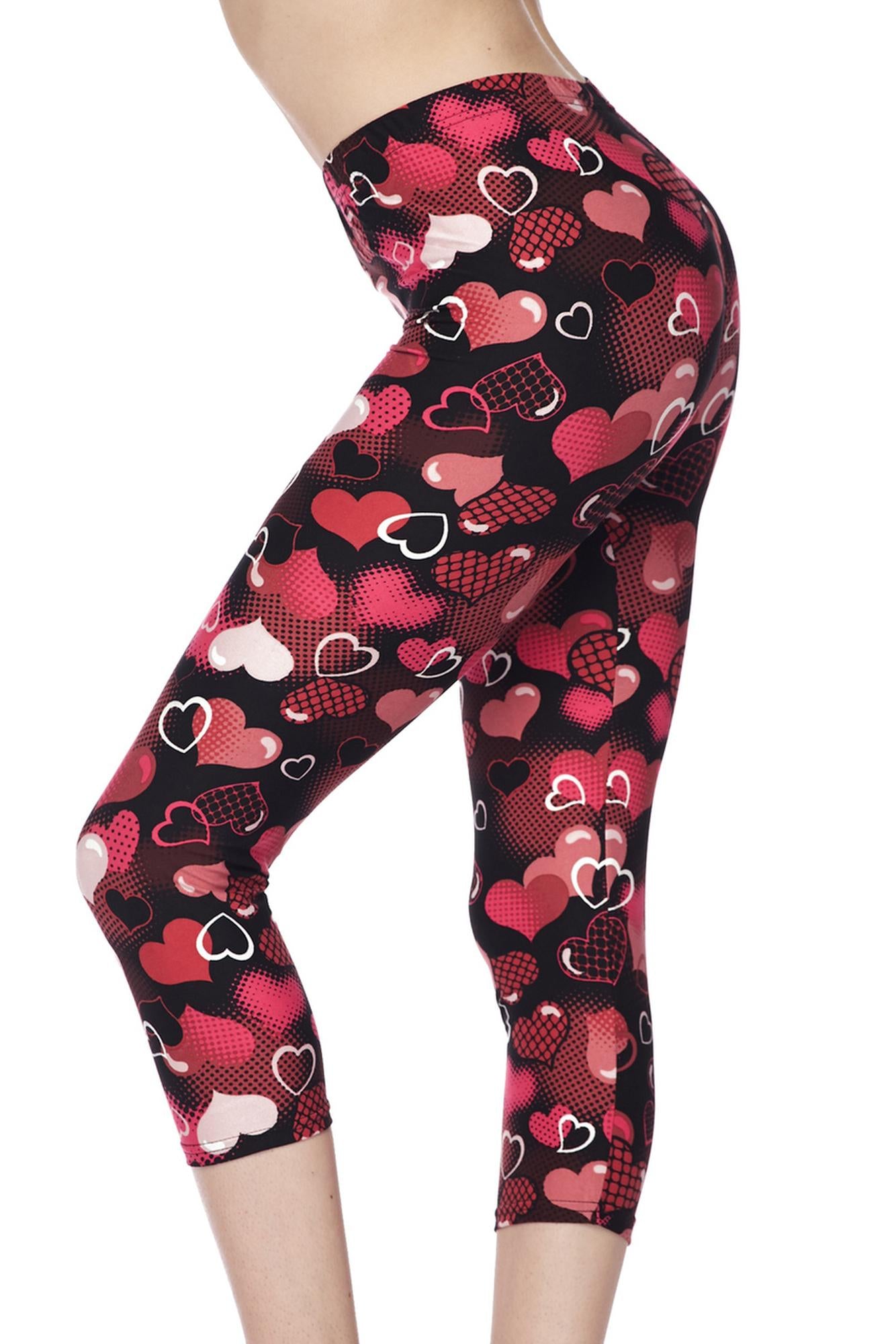 Buttery Soft Cute Cartoon Hearts Capris (One Size Regular,Red)