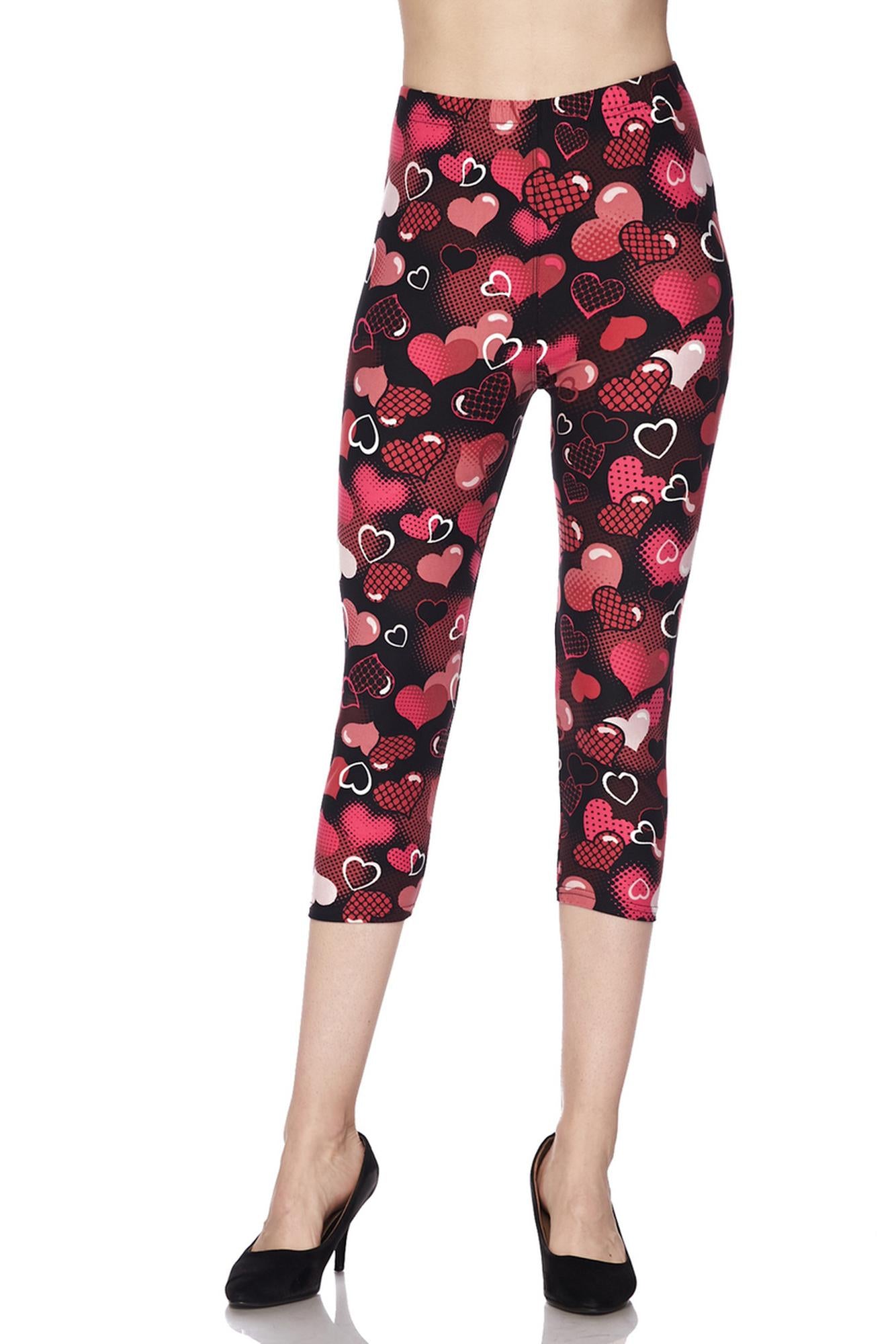 Buttery Soft Cute Cartoon Hearts Capris (One Size Regular,Red)