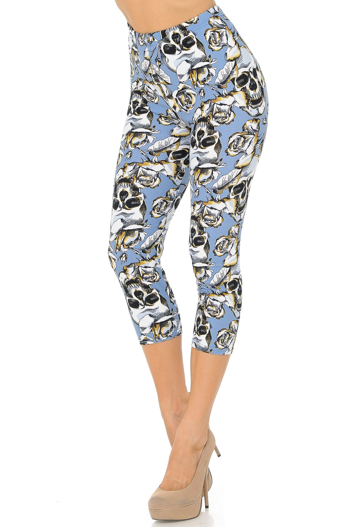Buttery Soft Charcoal Rose Sugar Skull Capris (One Size Regular,Charcoal)
