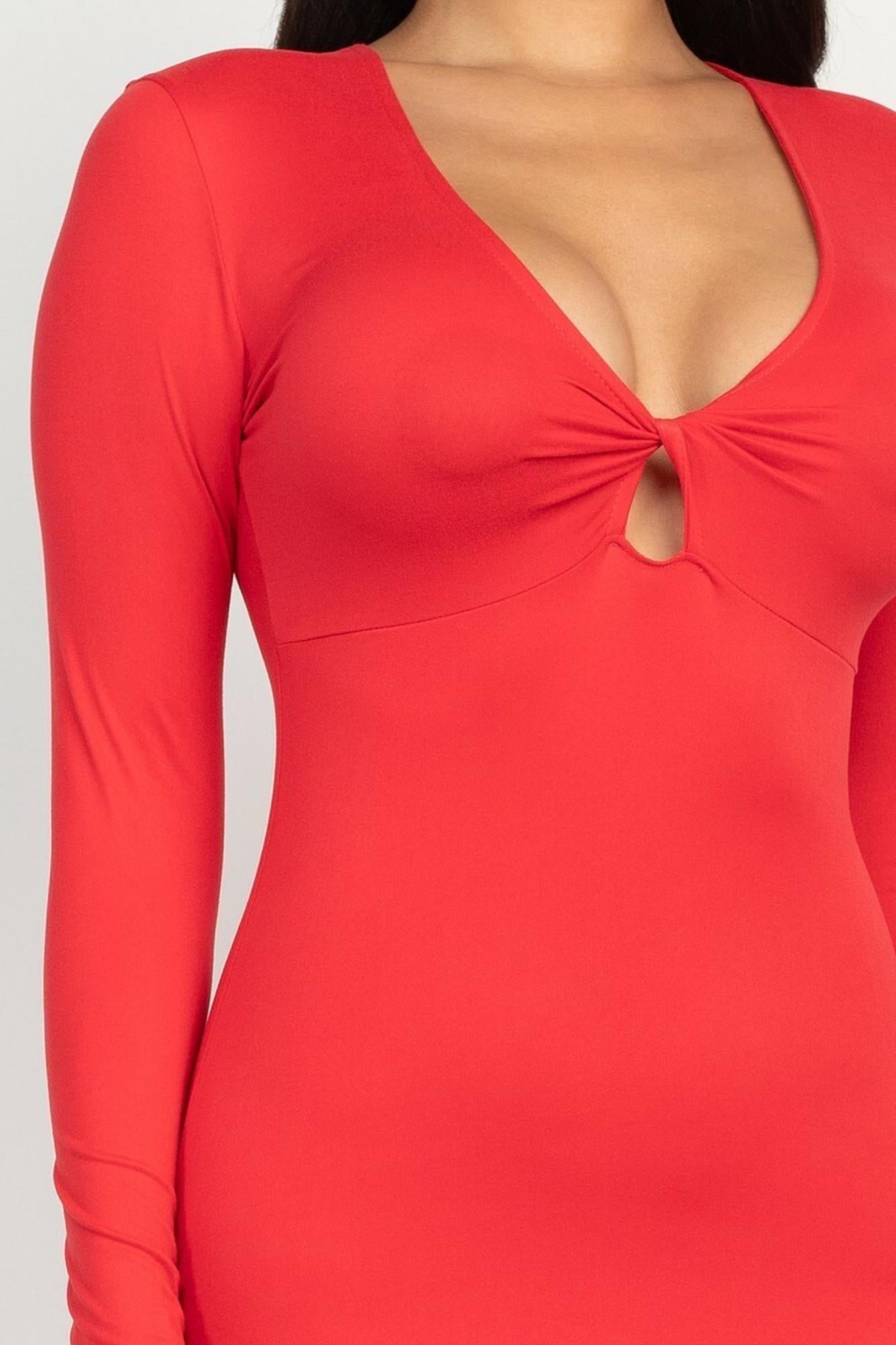 V-Neck Keyhole Twist Front Long Sleeve Bodycon Midi Dress