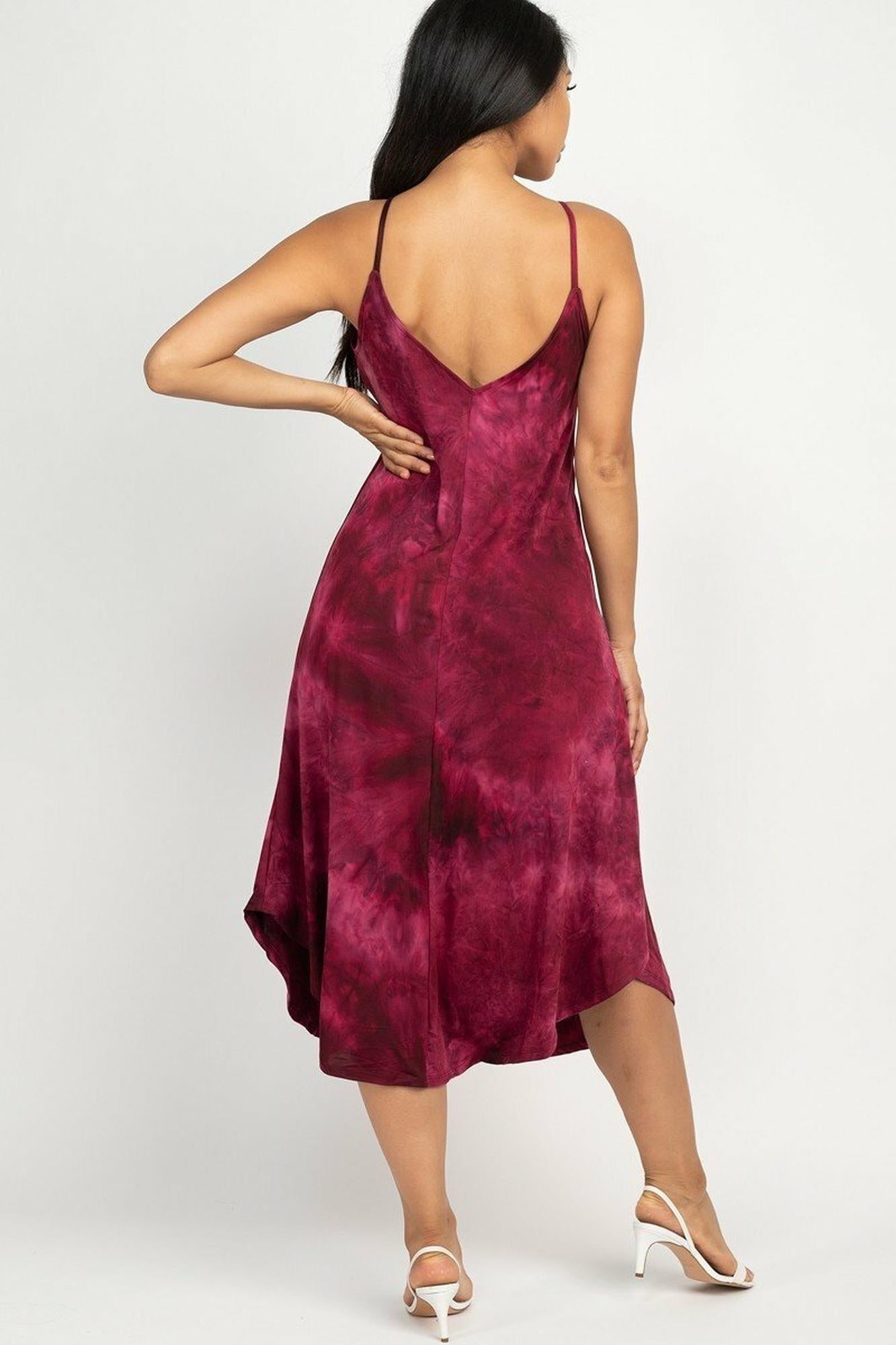 Acid Wash Tie Dye Spaghetti Strap V-Neck Midi Dress