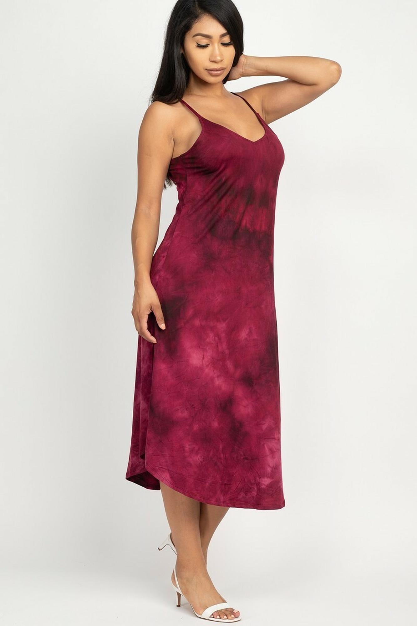 Acid Wash Tie Dye Spaghetti Strap V-Neck Midi Dress