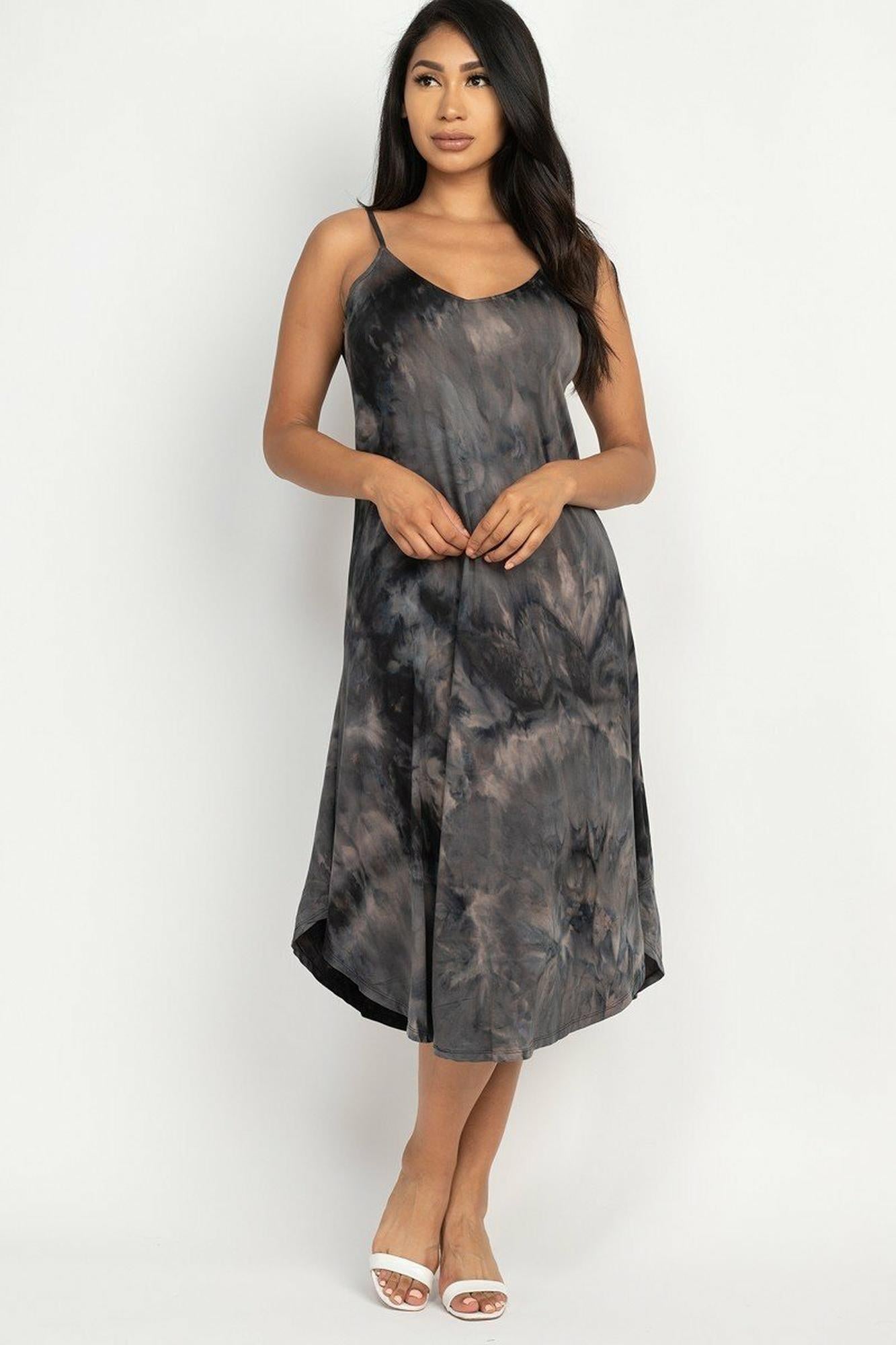 Acid Wash Tie Dye Spaghetti Strap V|Neck Midi Dress