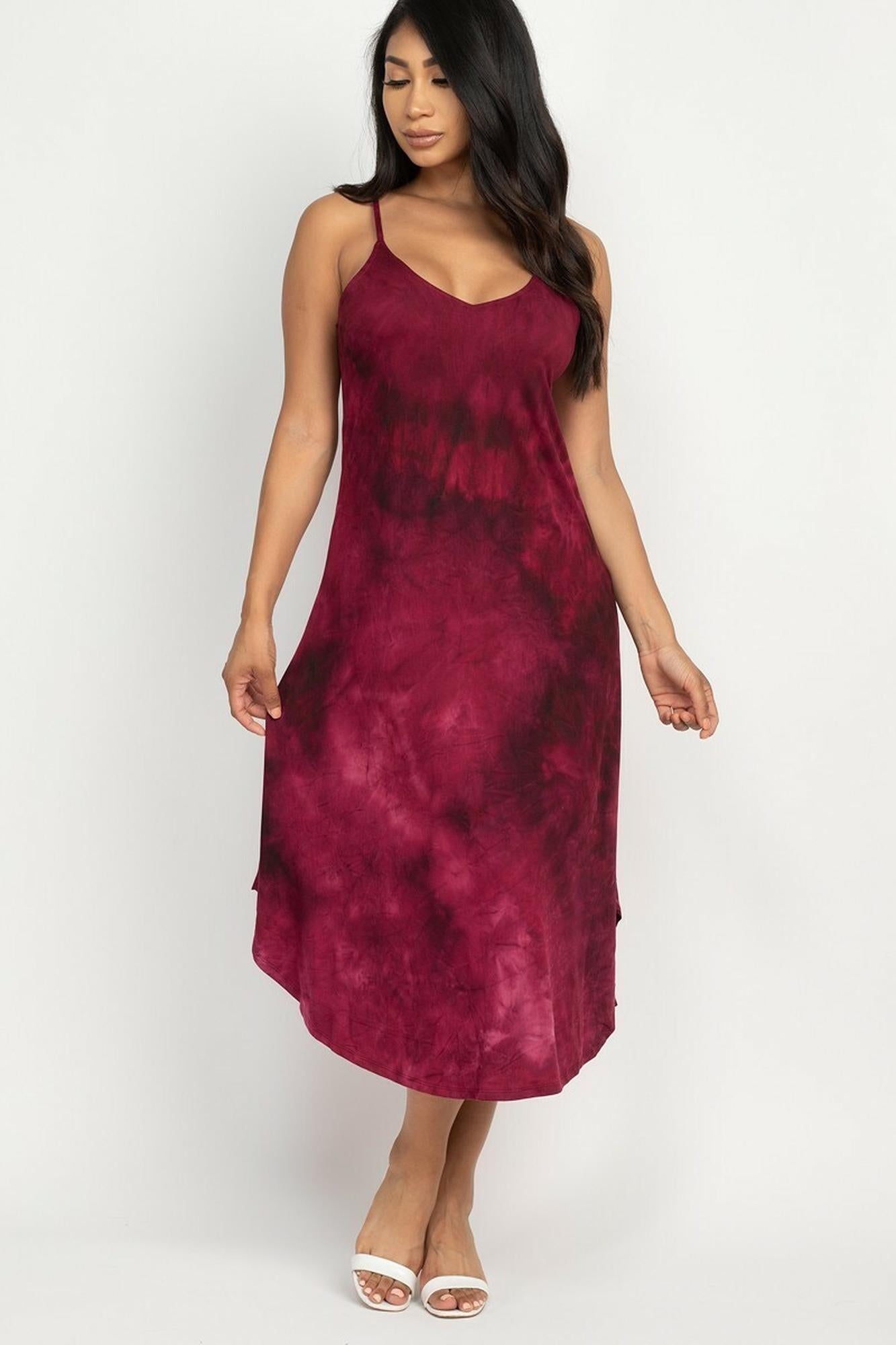 Acid Wash Tie Dye Spaghetti Strap V|Neck Midi Dress
