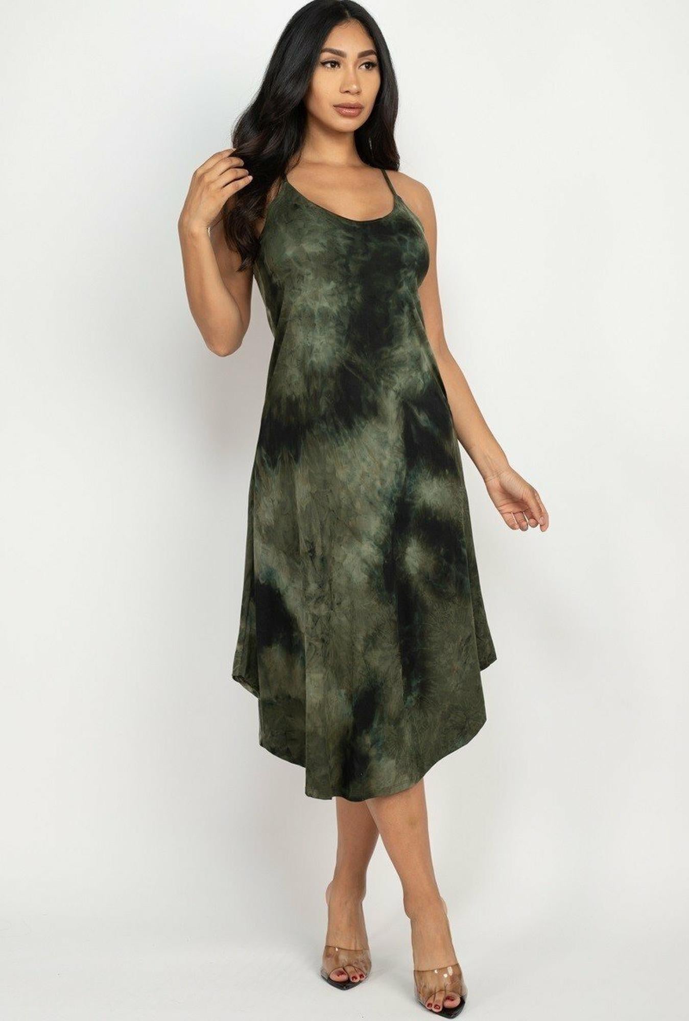 Acid Wash Tie Dye Spaghetti Strap V|Neck Midi Dress