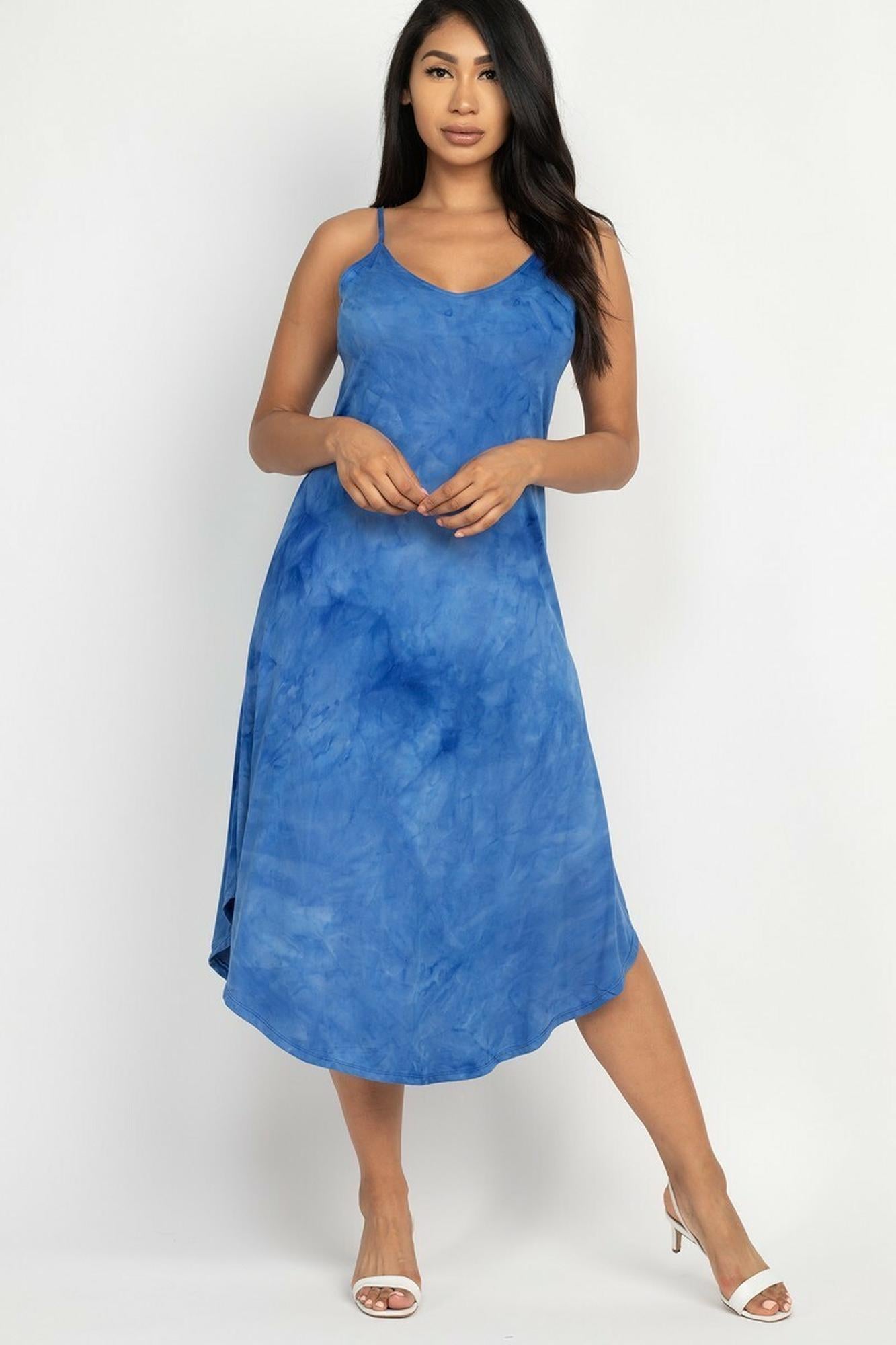 Acid Wash Tie Dye Spaghetti Strap V|Neck Midi Dress