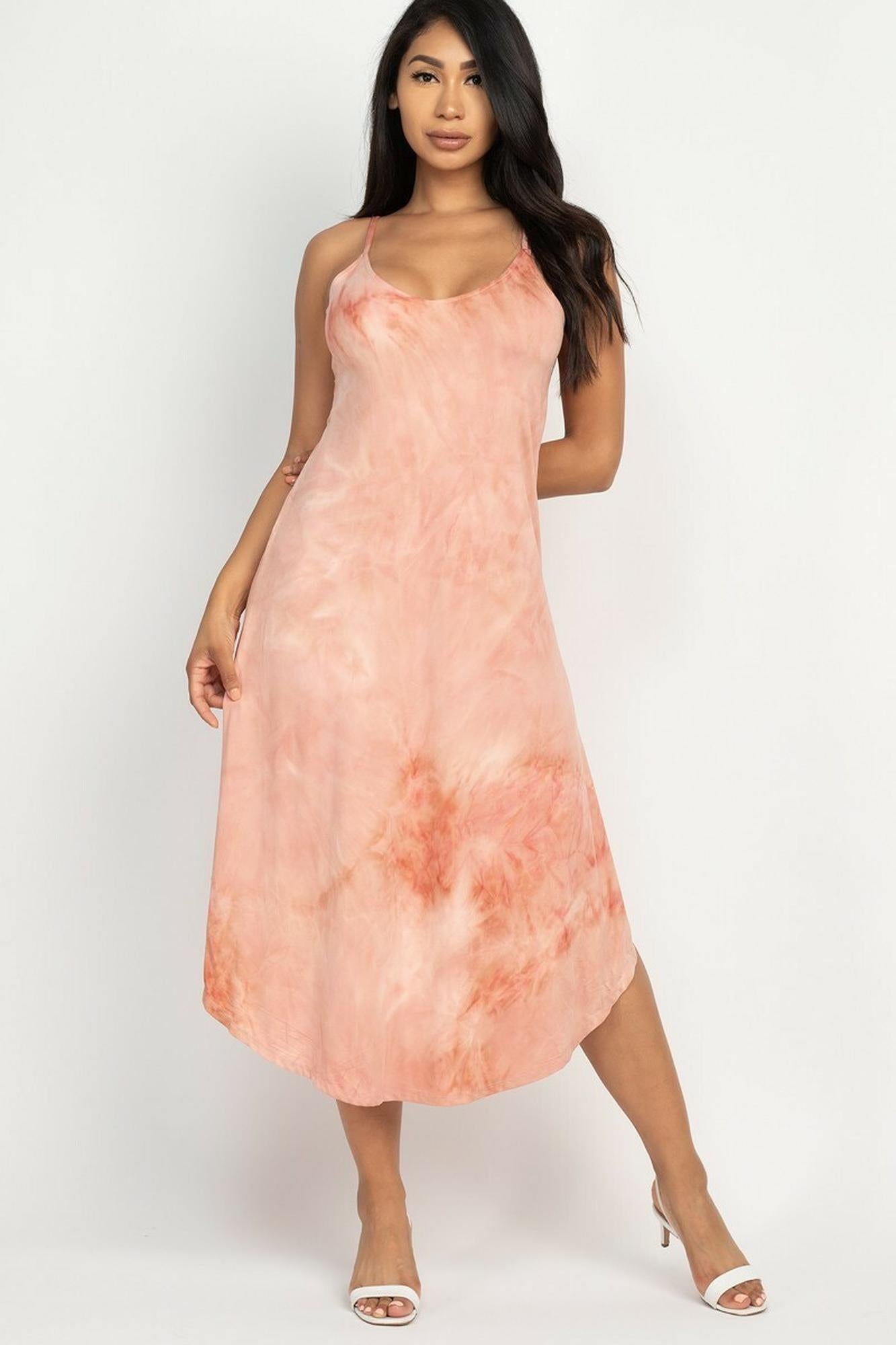 Acid Wash Tie Dye Spaghetti Strap V|Neck Midi Dress