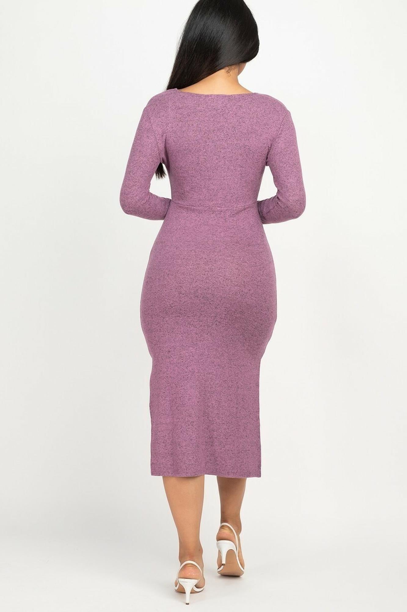 Long Sleeve V|Neck Brushed Knit Double Side Slit Midi Dress