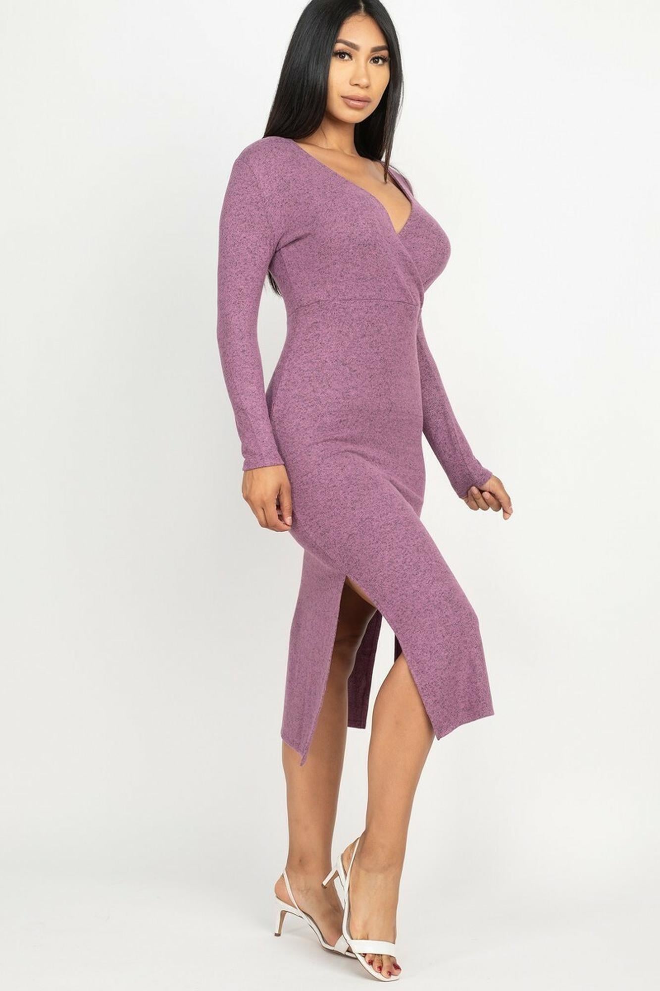 Long Sleeve V|Neck Brushed Knit Double Side Slit Midi Dress