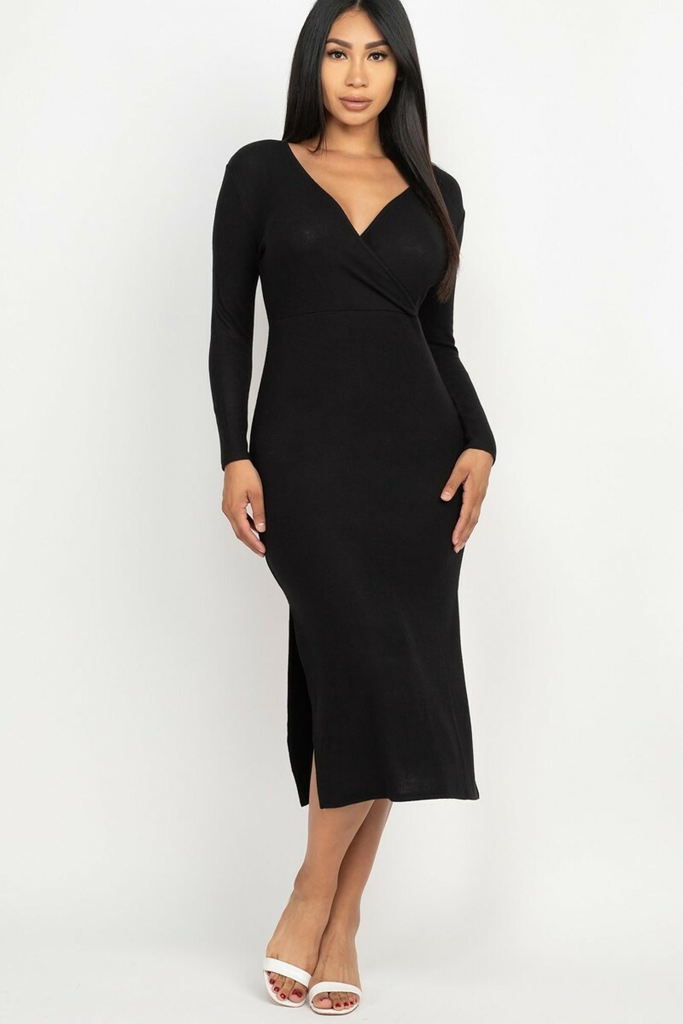 Long Sleeve V|Neck Brushed Knit Double Side Slit Midi Dress