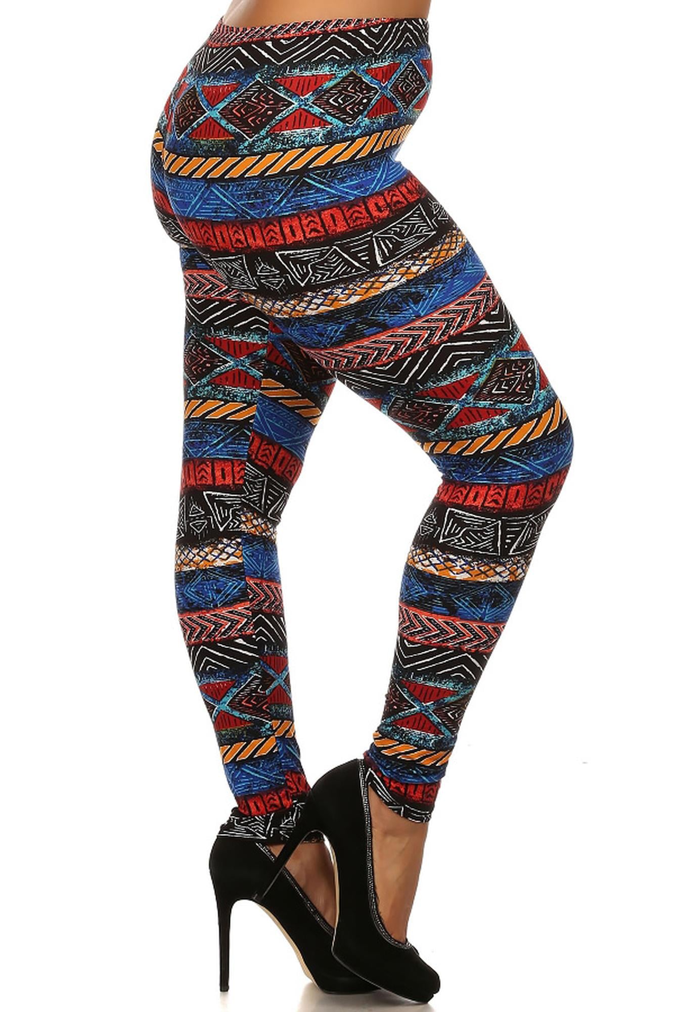 Buttery Soft Tulum Tribal Plus Size Leggings - 3X - 5X (One Size Plus,Multi Color Bold)