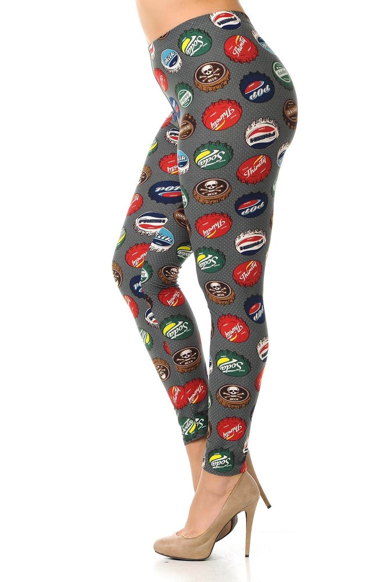 Buttery Soft Groovy Bottlecap Plus Size Leggings - 3X-5X (One Size Plus,Charcoal)