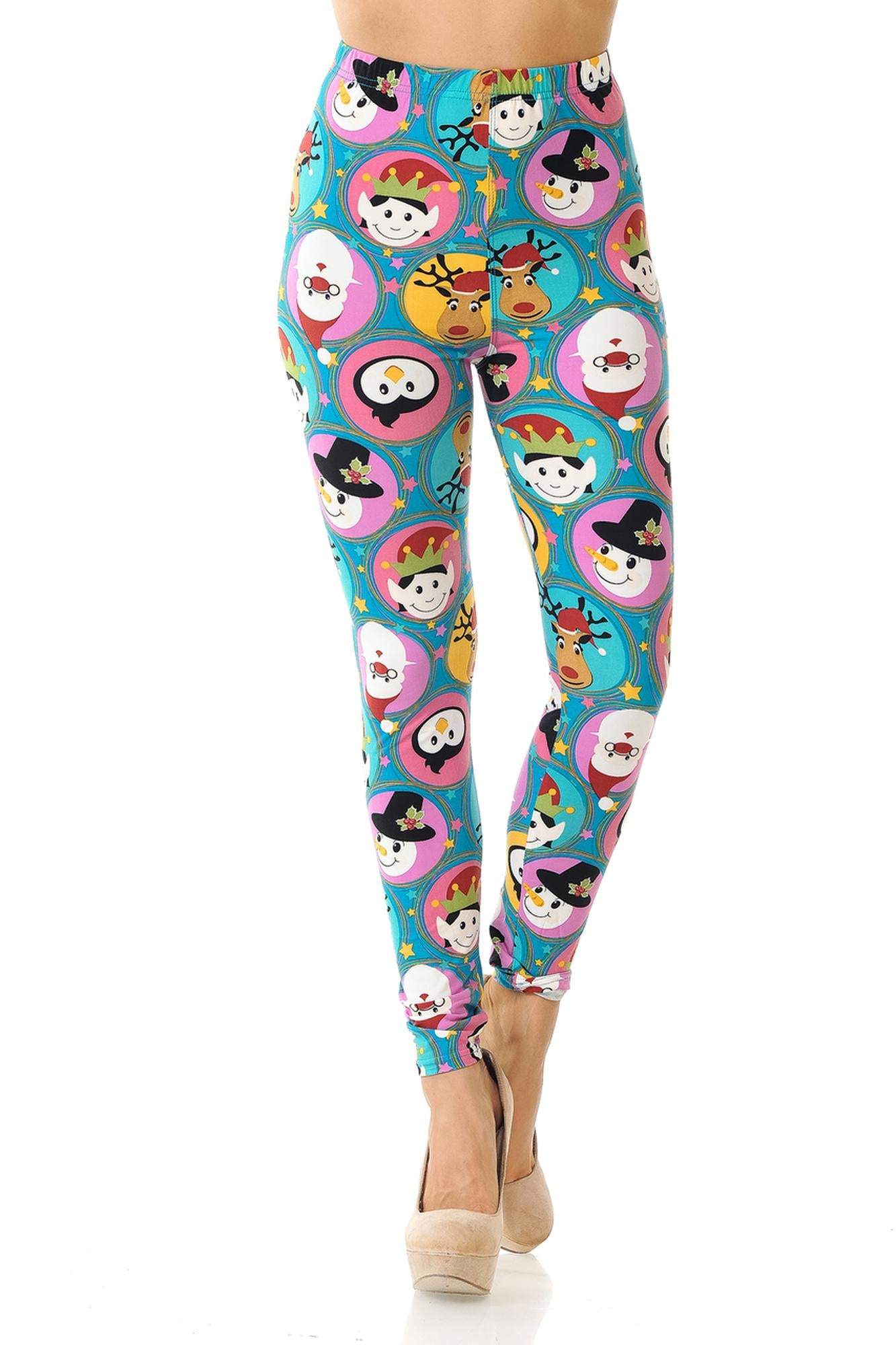 Buttery Soft Cute Christmas Faces Plus Size Leggings - 3X-5X (One Size Plus,Blue)