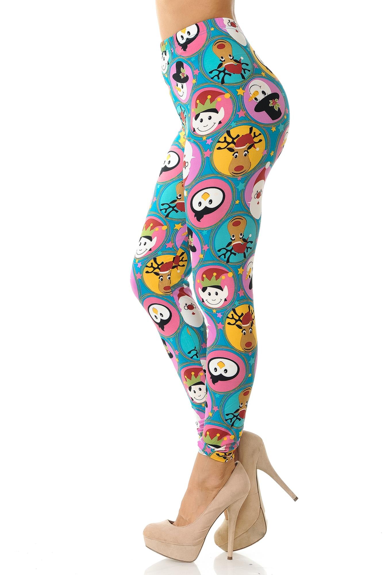 Buttery Soft Cute Christmas Faces Plus Size Leggings - 3X-5X (One Size Plus,Blue)