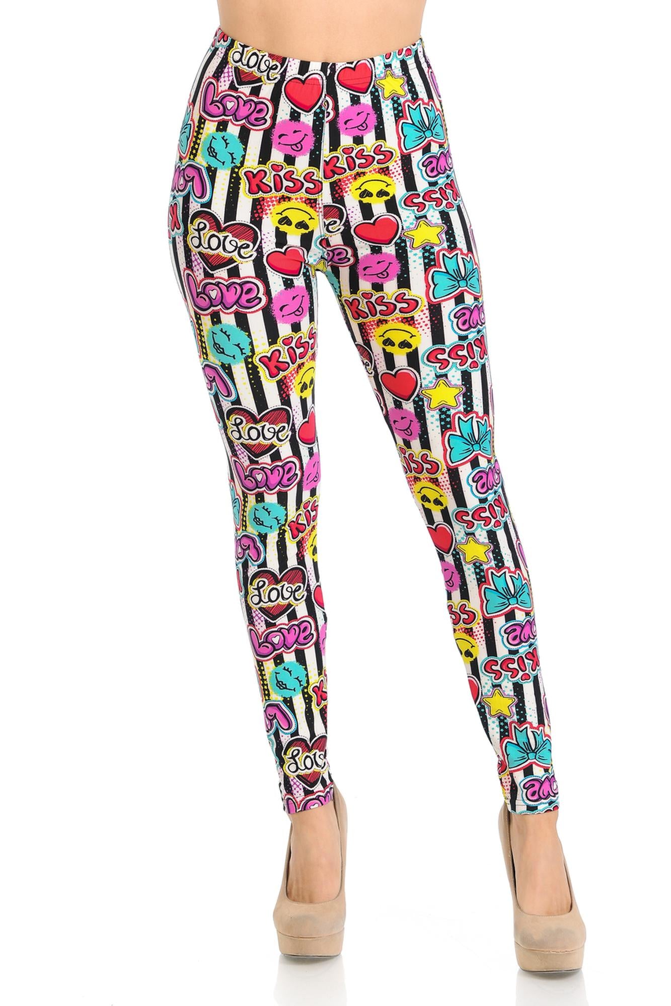 Buttery Soft Stripes Love and Kisses Extra Plus Size Leggings - 3X-5X (One Size Plus,White)