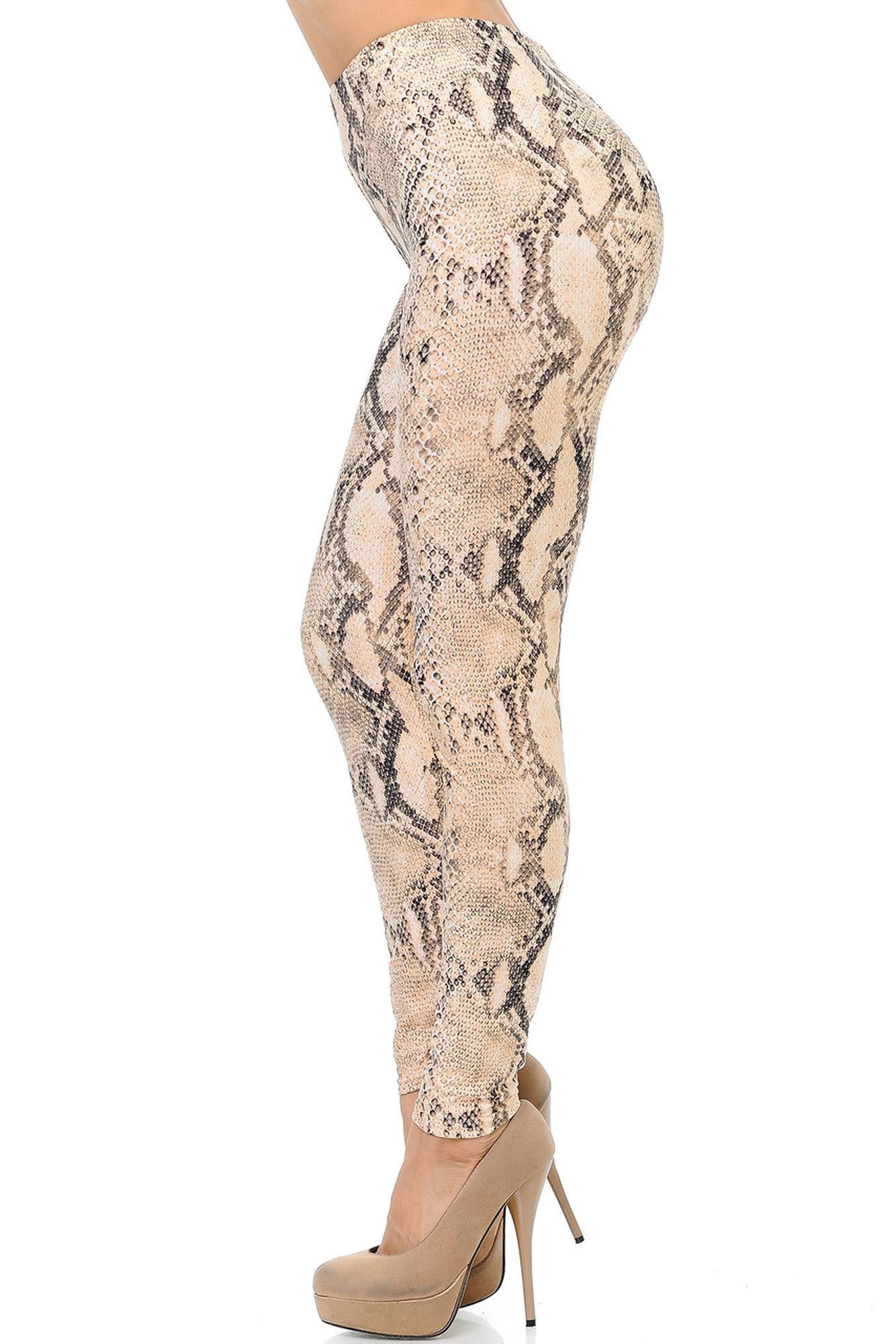 Buttery Soft Cream Snakeskin Extra Plus Size Leggings - 3X-5X (One Size Plus,Beige)
