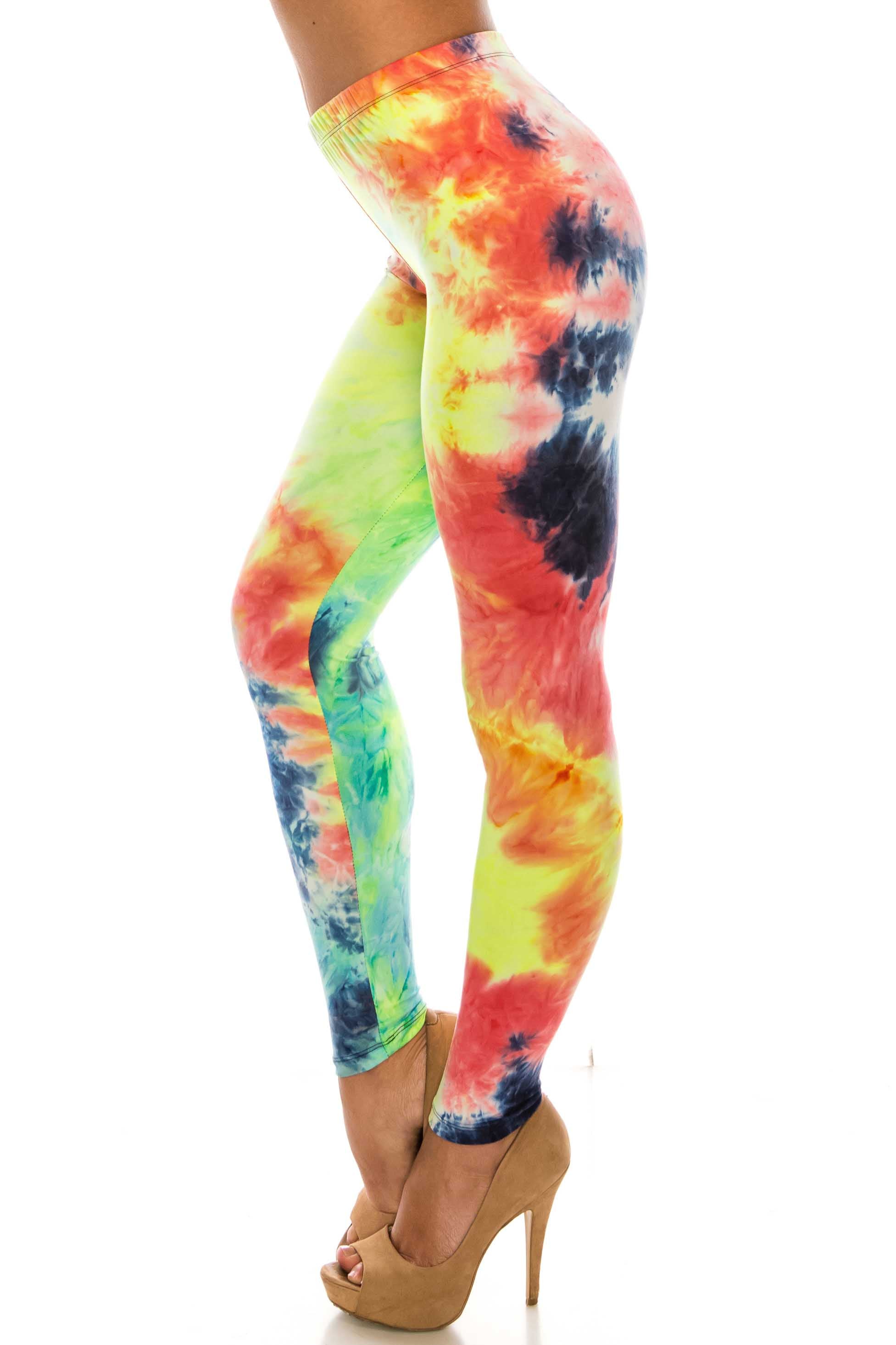 Buttery Soft Summer Yellow Tie Dye Extra Plus Size Leggings - 3X-5X (XPlus One Size,Yellow)