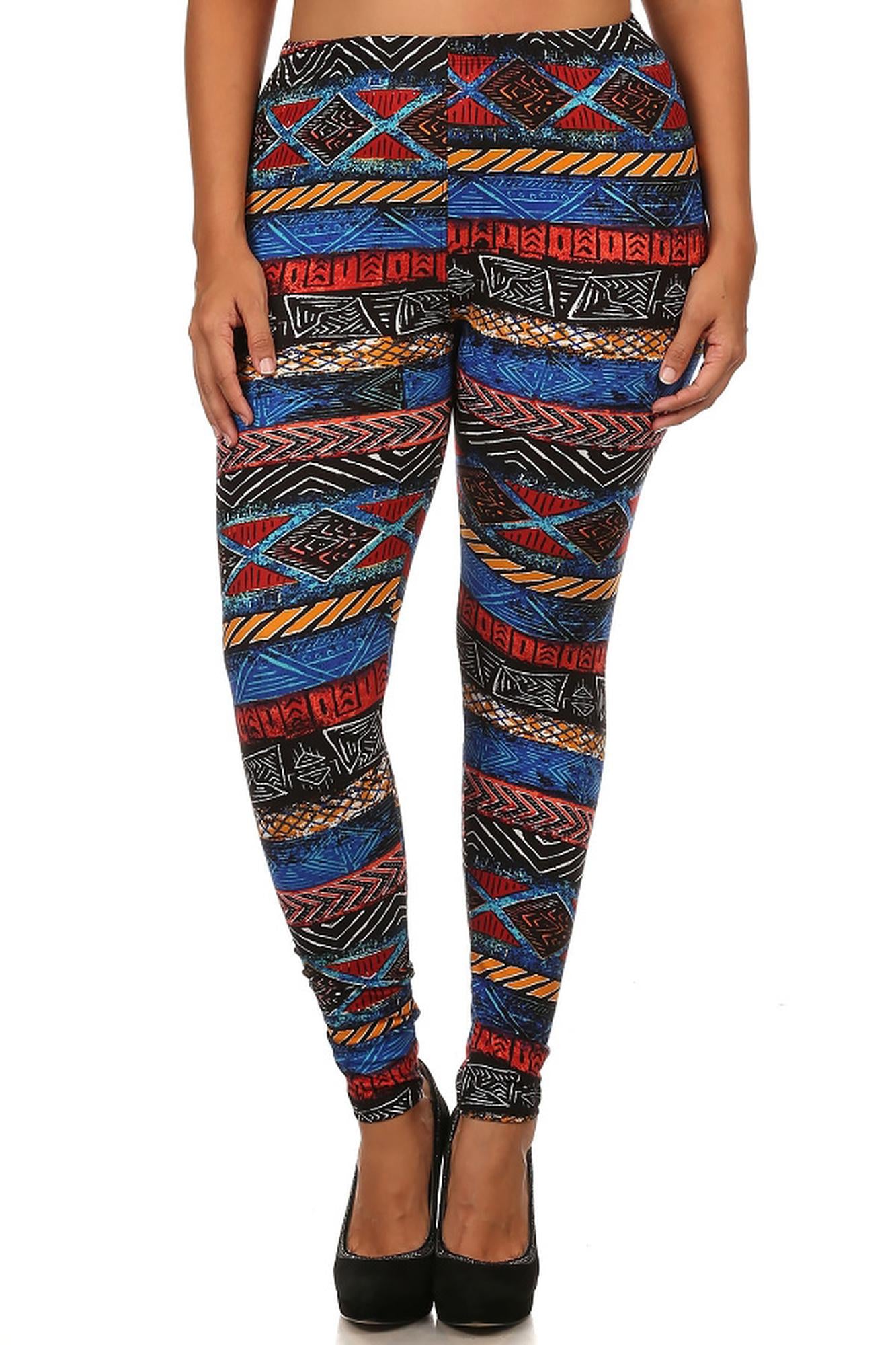 Buttery Soft Tulum Tribal Plus Size Leggings - 3X - 5X (One Size Plus,Multi Color Bold)