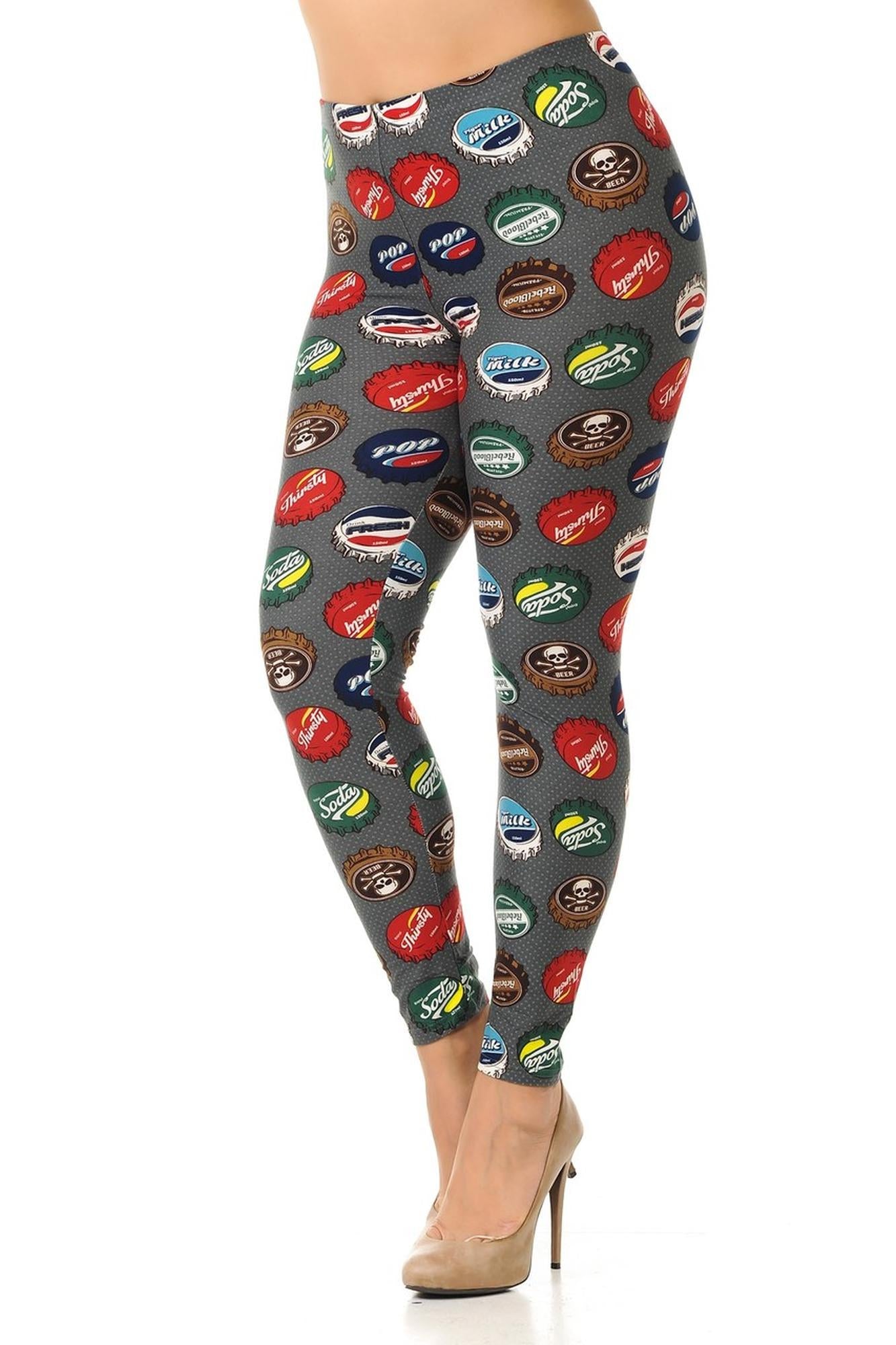 Buttery Soft Groovy Bottlecap Plus Size Leggings - 3X-5X (One Size Plus,Charcoal)
