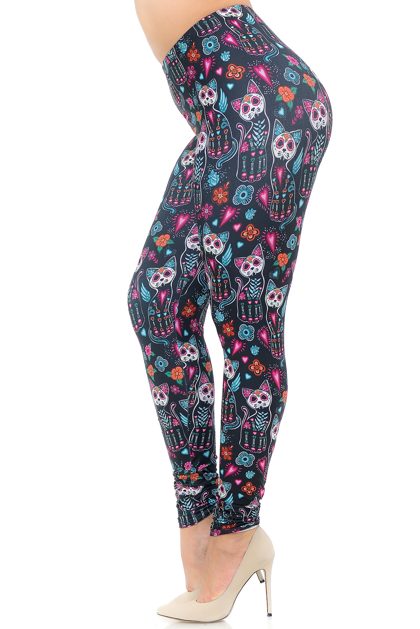 Creamy Soft Sugar Skull Kitty Cats Extra Plus Size Leggings - 3X-5X - USA Fashion (XPlus One Size,Multi Color Bold)