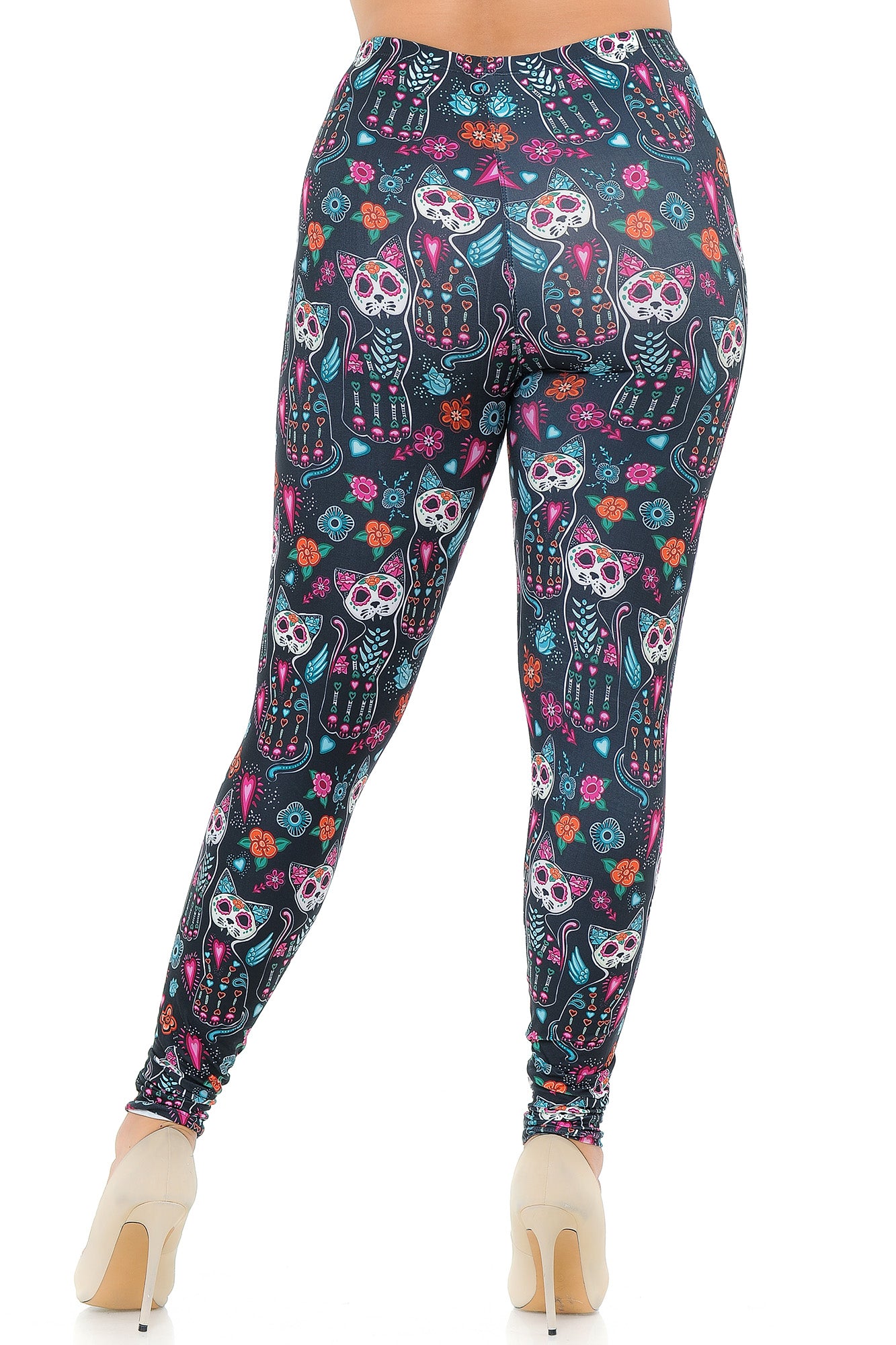 Creamy Soft Sugar Skull Kitty Cats Extra Plus Size Leggings - 3X-5X - USA Fashion (XPlus One Size,Multi Color Bold)