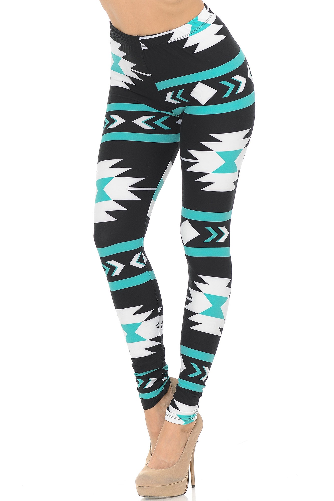 Buttery Soft Mint on Black Azteca Tribal Leggings (One Size Regular,Black)