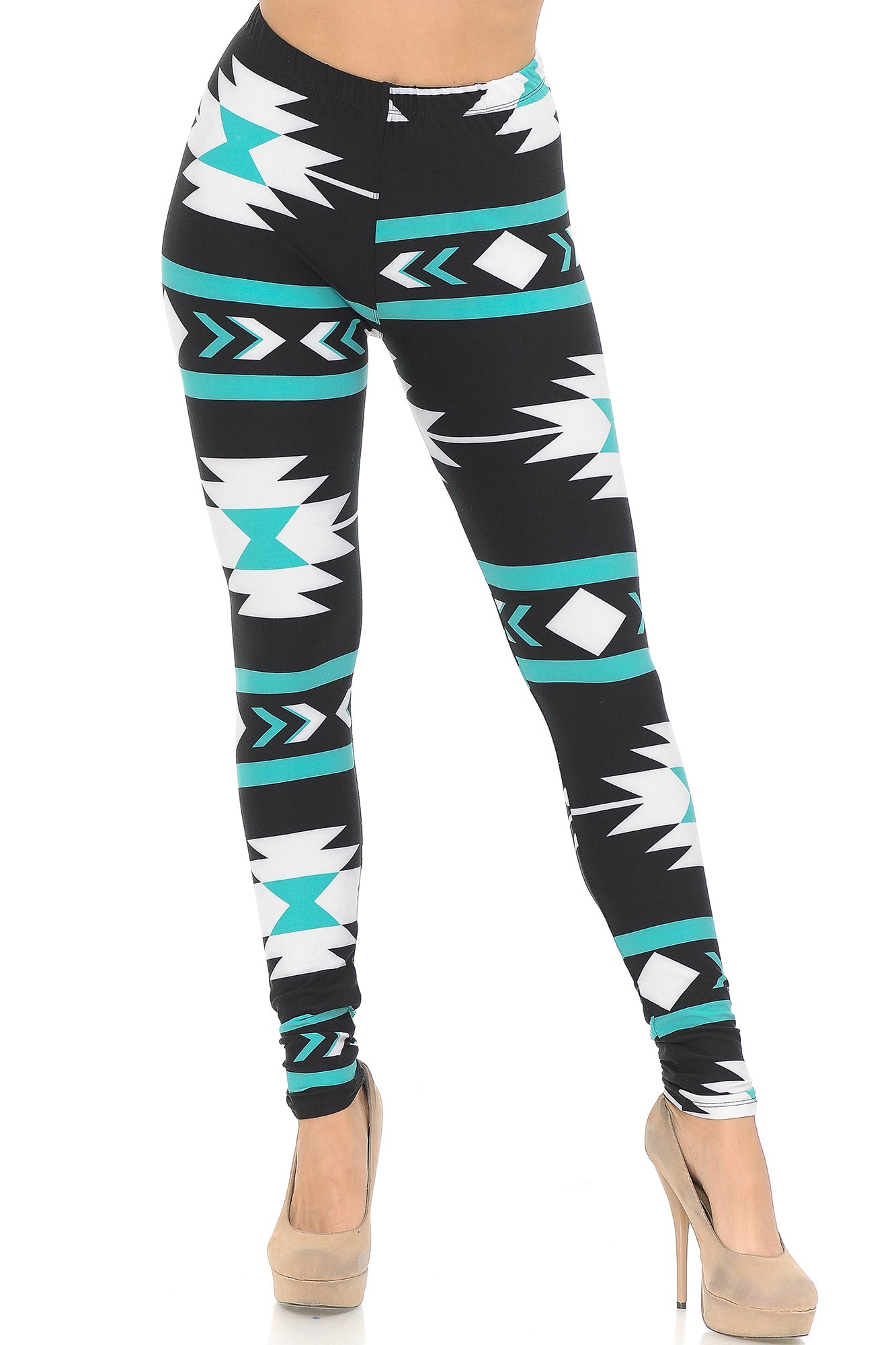 Buttery Soft Mint on Black Azteca Tribal Leggings (One Size Regular,Black)