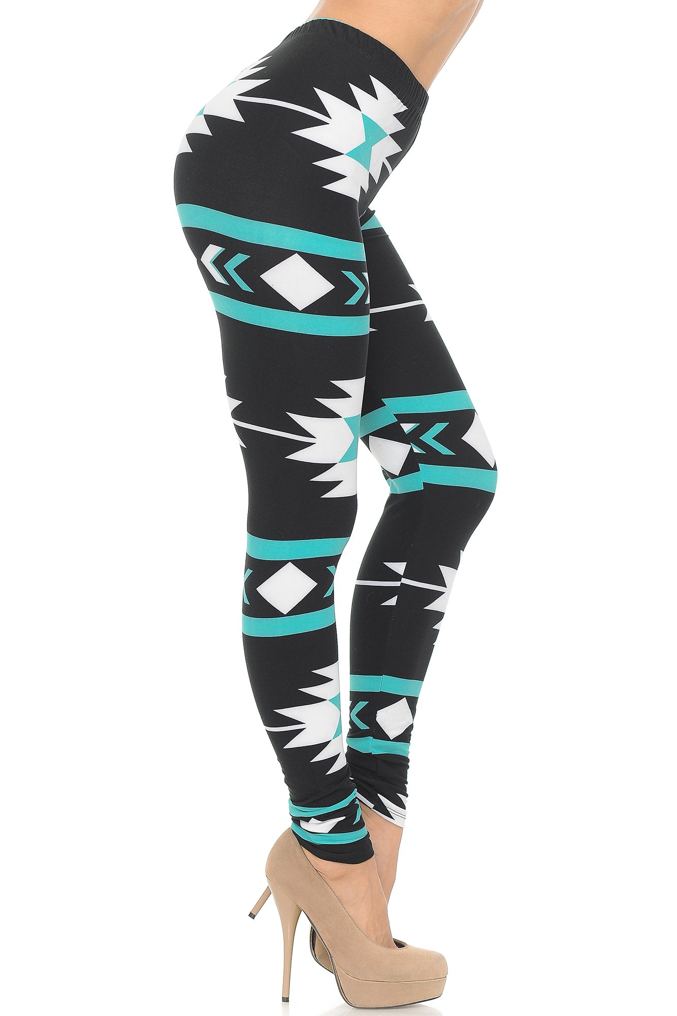 Buttery Soft Mint on Black Azteca Tribal Leggings (One Size Regular,Black)
