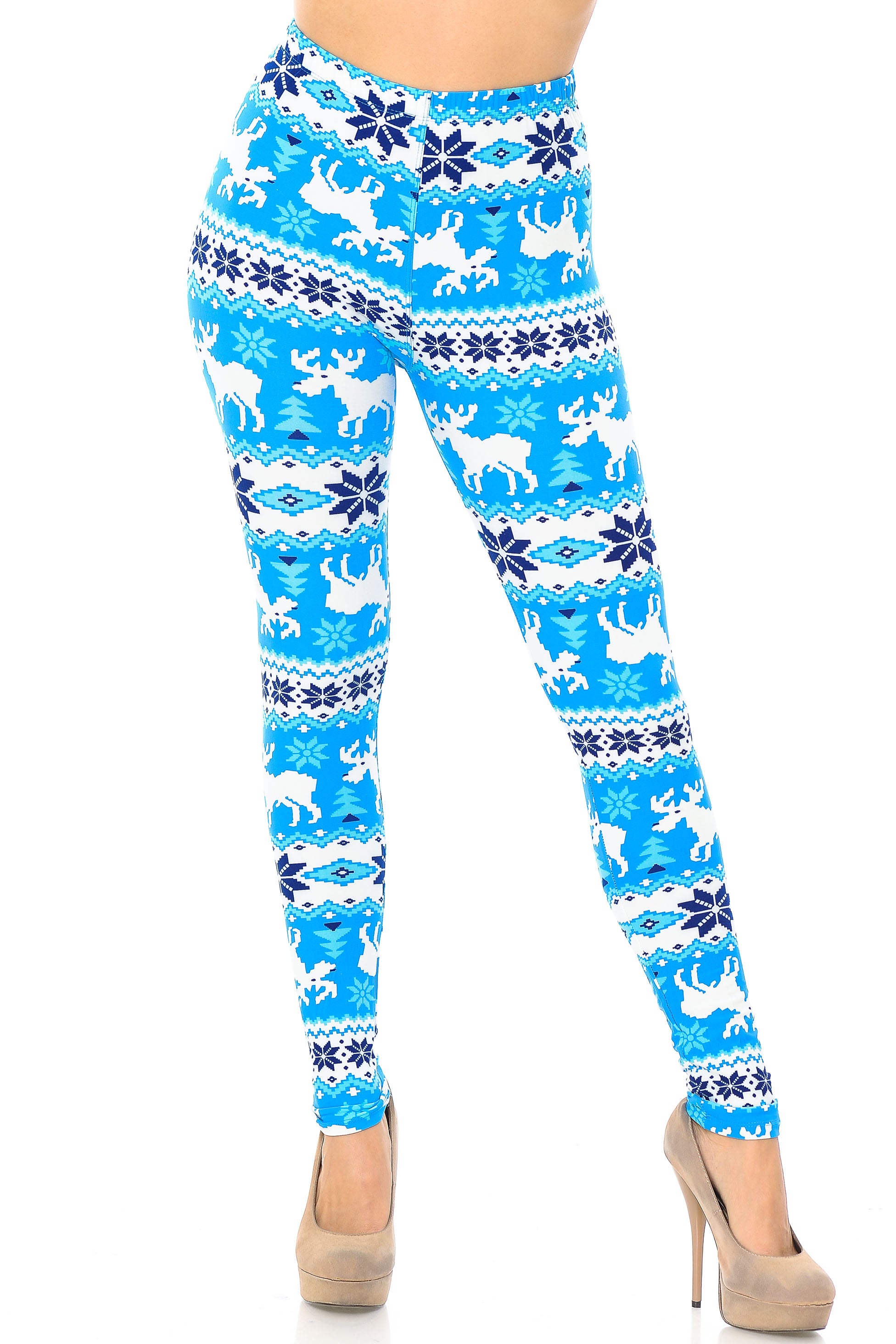 Buttery Soft Icy Blue Christmas Reindeer Leggings (One Size Regular,Blue)