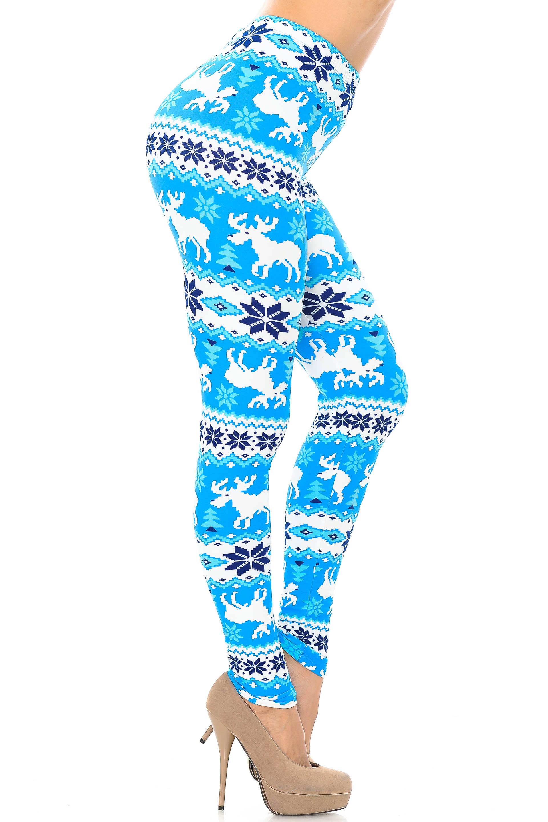 Buttery Soft Icy Blue Christmas Reindeer Leggings (One Size Regular,Blue)