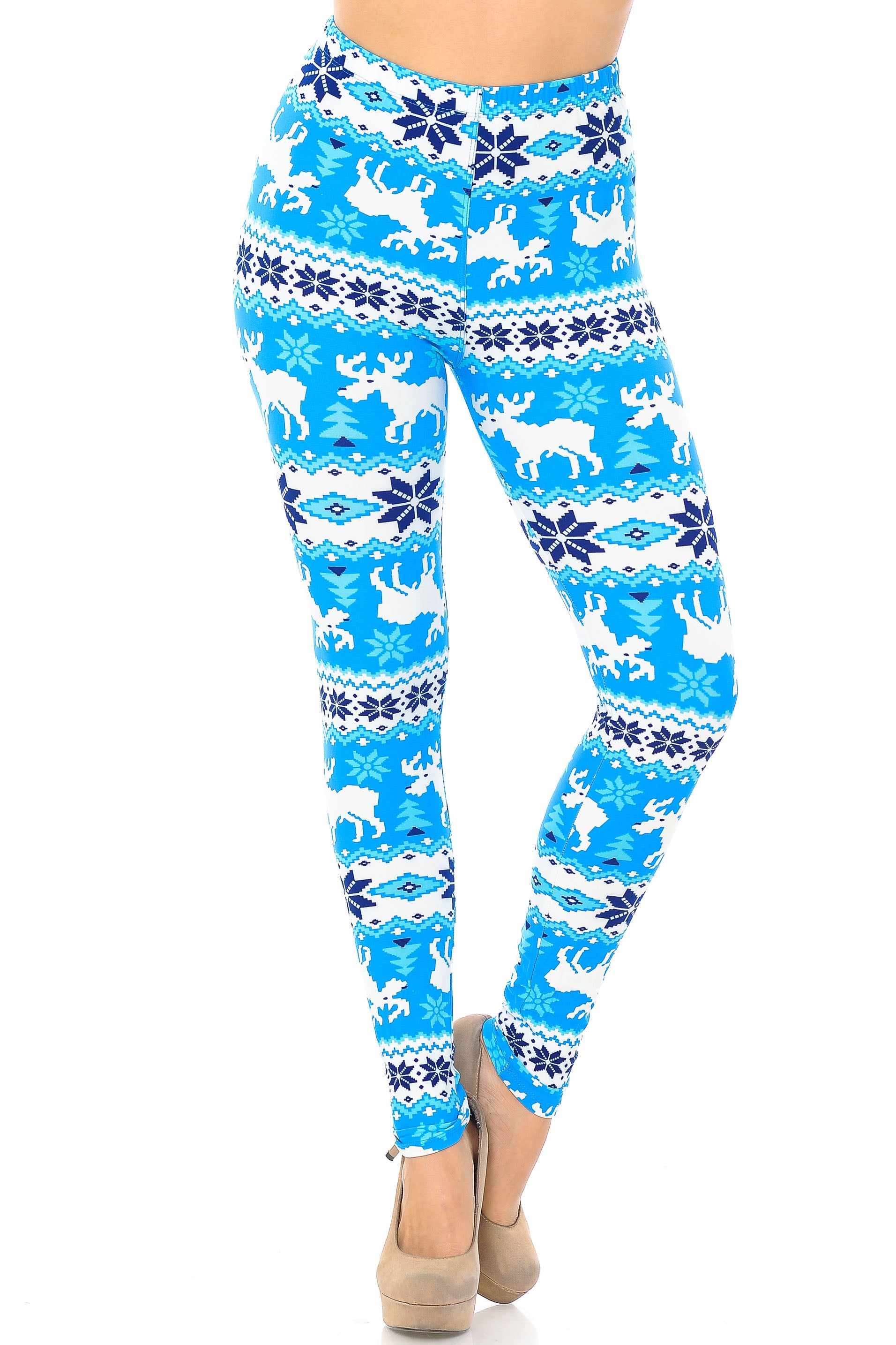 Buttery Soft Icy Blue Christmas Reindeer Leggings (One Size Regular,Blue)