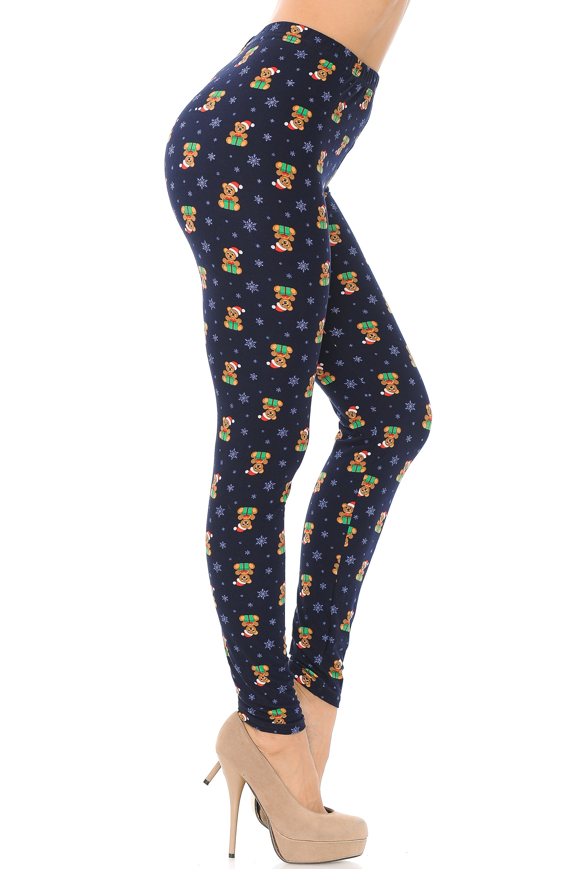 Buttery Soft Christmas Teddy Bears Leggings (One Size Regular,Navy)
