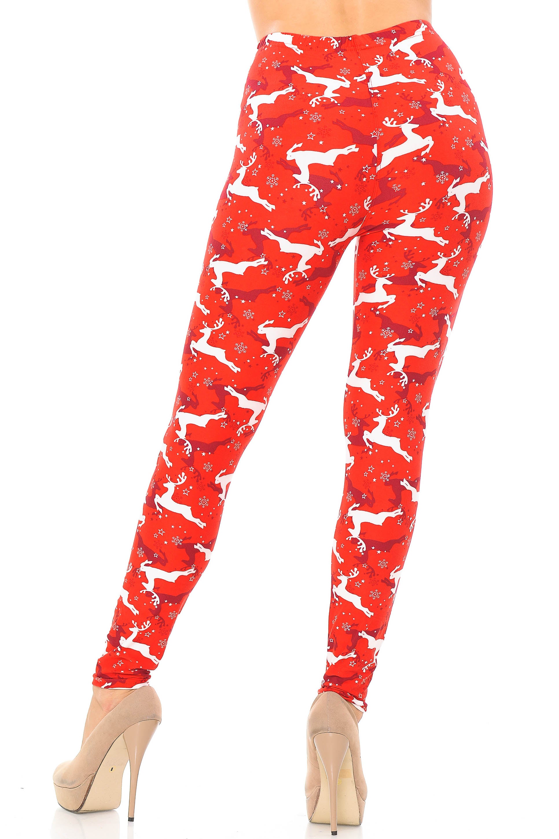 Buttery Soft Ruby Red Leaping Reindeer Christmas Leggings (One Size Regular,Red)