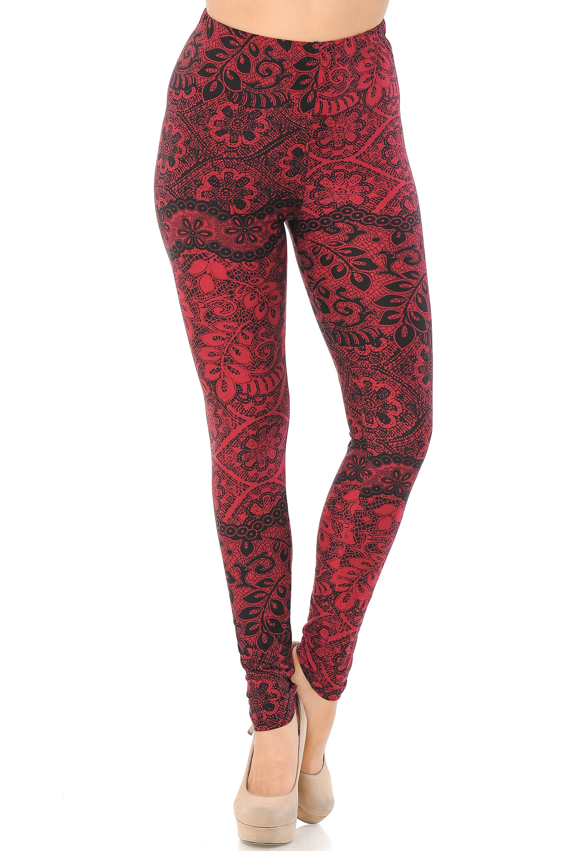 Buttery Soft Rouge Leaf Leggings (One Size Regular,Red)