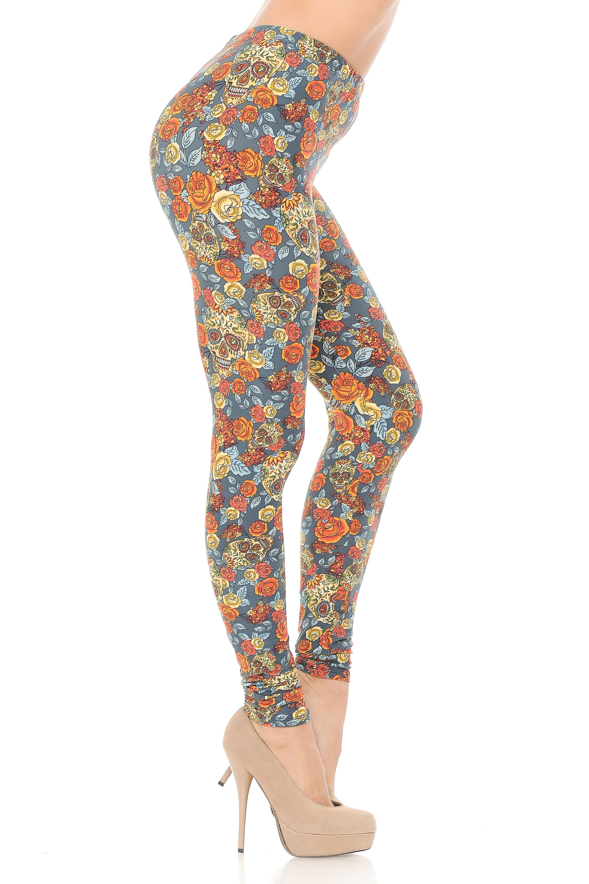 Buttery Soft Charcoal Rose and Skulls Leggings (One Size Regular,Charcoal)