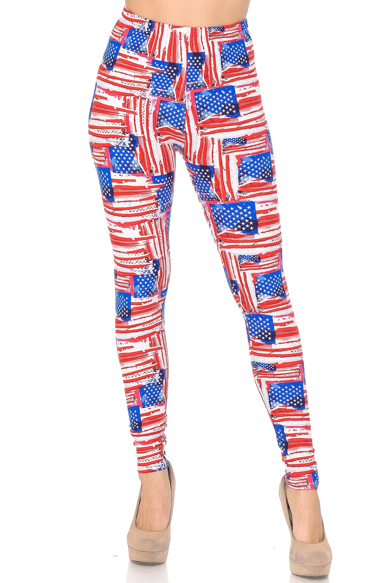 Buttery Soft Watercolor USA Flag Leggings (One Size Regular,Red)