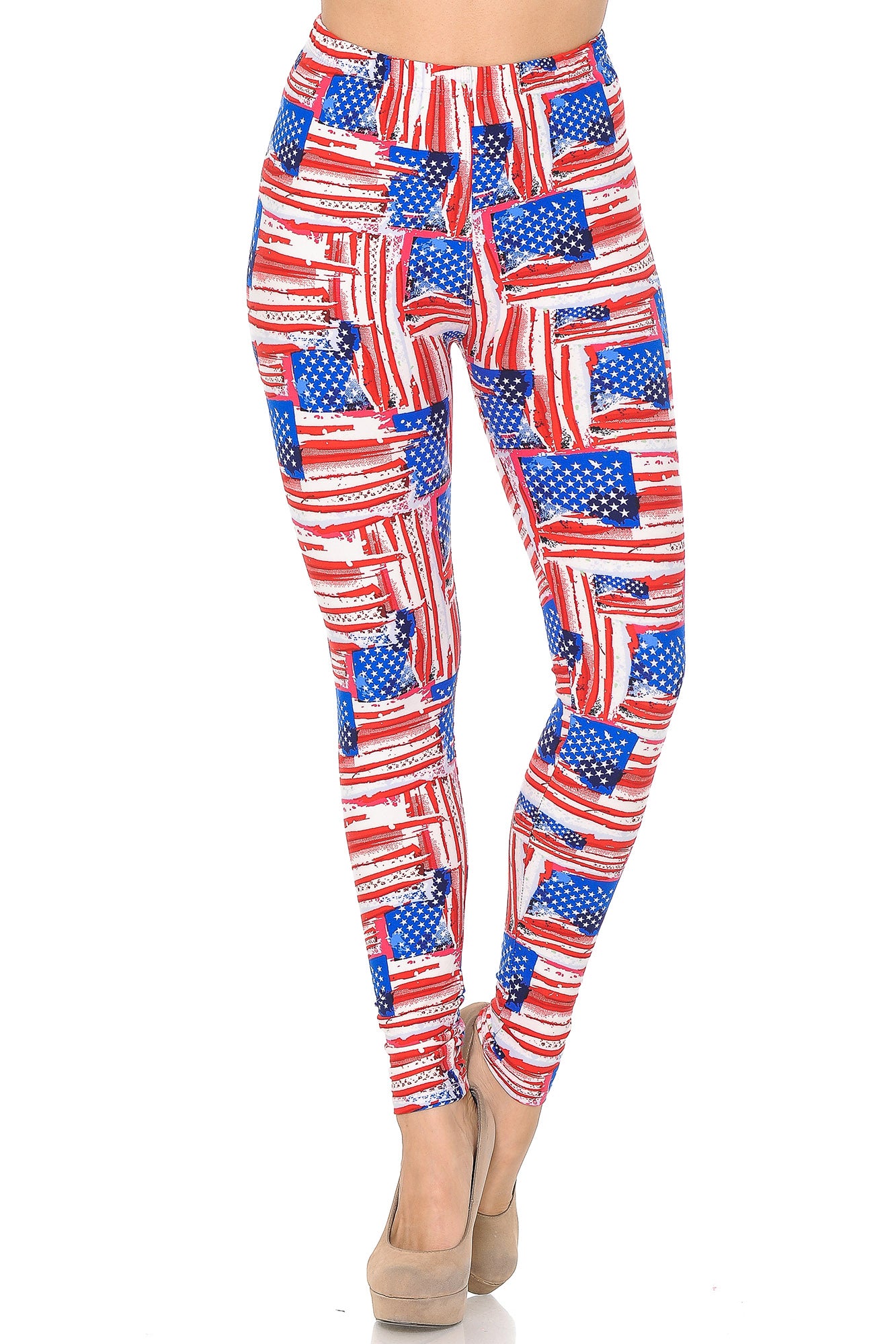 Buttery Soft Watercolor USA Flag Leggings (One Size Regular,Red)
