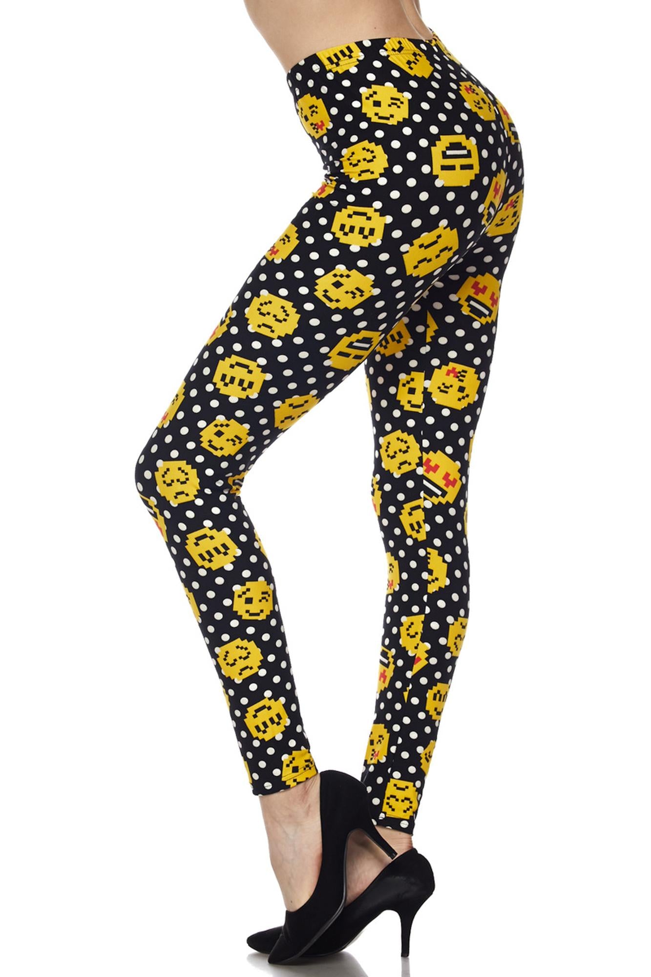 Buttery Soft Retro Pixel Arcade Emoji Leggings (One Size Regular,Yellow)
